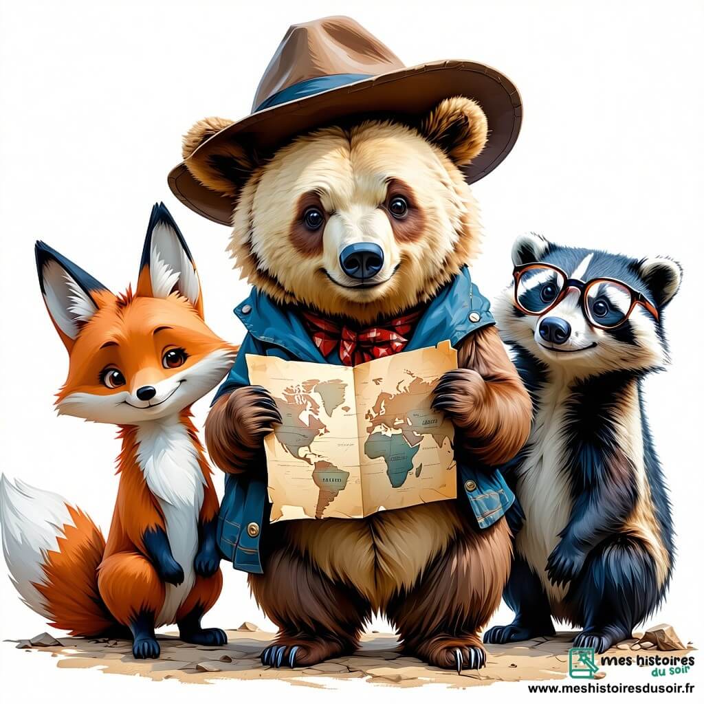 Barnabé, un ours brun curieux avec une casquette de détective, tient une carte au trésor avec excitation. À ses côtés, Lila, une renarde espiègle au pelage roux, sourit en regardant la carte, tandis que Gustave, un blaireau sage en lunettes, examine un indice sur un tronc d'arbre. En arrière-plan, Mimi, une petite souris grise, se faufile dans les herbes hautes. La scène se déroule dans une forêt verdoyante avec des arbres majestueux, des fleurs colorées et un vieux puits recouvert de mousse. Les amis sont en pleine chasse au trésor, découvrant des indices mystérieux et partageant leur enthousiasme.