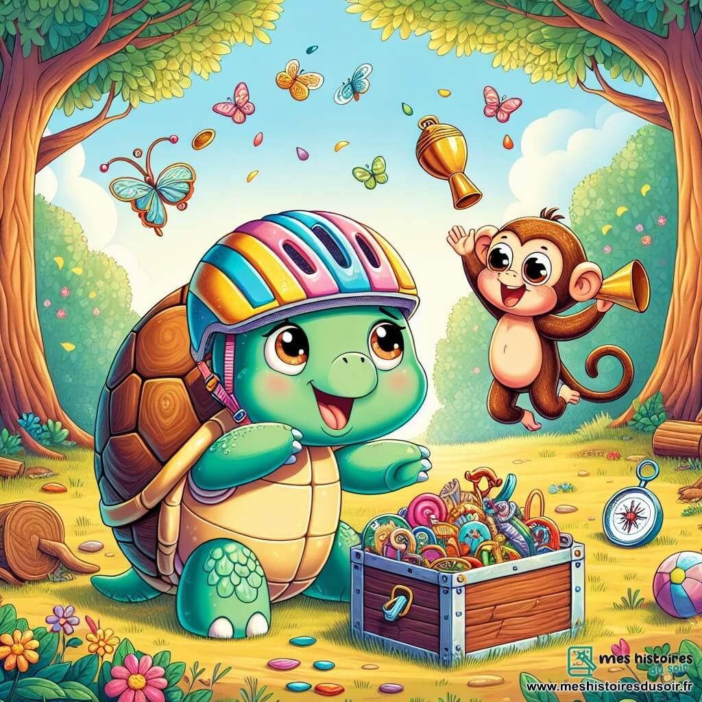 Une tortue joyeuse nommée Tuffy, portant un casque de vélo coloré et une boussole à sa patte, sourit en découvrant un coffre en bois rouillé rempli de babioles. À ses côtés, un singe acrobatique nommé Gus jongle avec une cloche de vache, riant de bon cœur. La scène se déroule dans une clairière ensoleillée d'une forêt enchantée, entourée d'arbres majestueux et de fleurs colorées. Tuffy et Gus s'apprêtent à organiser un défilé de mode amusant avec les objets du coffre, entourés d'animaux curieux.