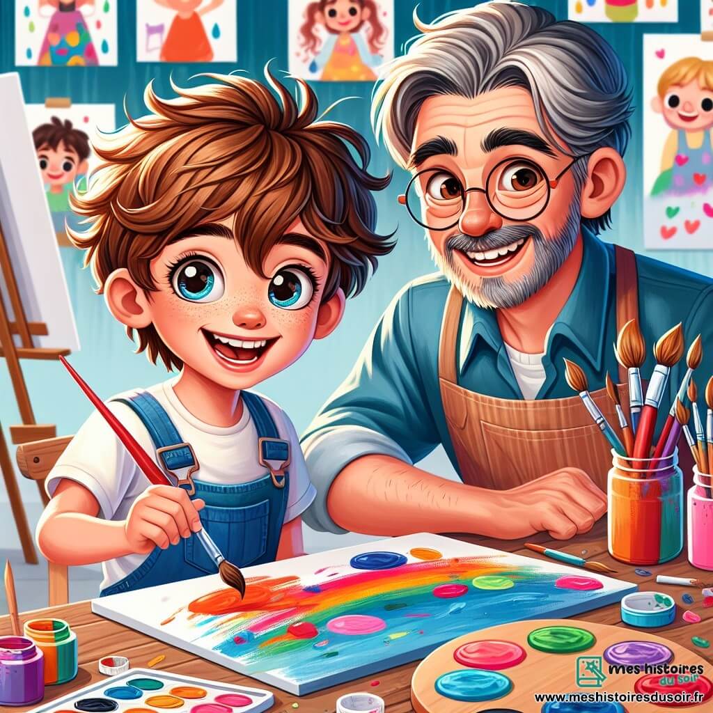 Lucas, un garçon de 8 ans avec des cheveux châtains en bataille et des yeux curieux, est assis à une table d'art, souriant. Il tient un pinceau et une palette de couleurs vives, concentré sur son tableau d'un paysage imaginaire. À côté, Monsieur Marcel, un homme d'environ 50 ans avec des cheveux poivre et sel et des lunettes rondes, l'observe avec bienveillance, portant un tablier de peintre. L'atelier est rempli de toiles blanches, de pots de peinture colorée et de pinceaux, avec des dessins d'enfants aux murs, créant une ambiance joyeuse. Lucas est absorbé par son art, tandis que Monsieur Marcel l'encourage à explorer son imagination, illustrant la découverte et l'expression artistique.
