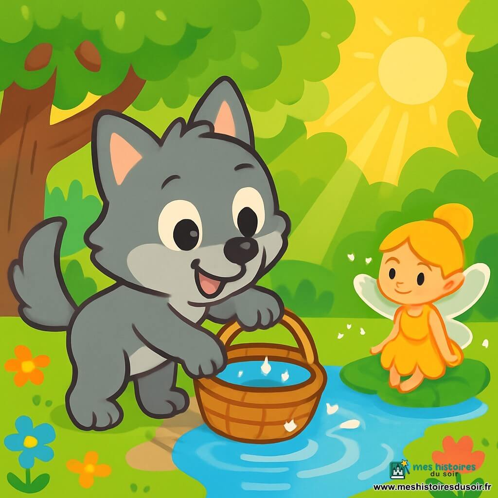Un petit loup nommé Loulou, au pelage doux et gris, remplit un panier en osier d'eau claire à la source, souriant avec enthousiasme. À ses côtés, une petite fée dorée, avec des ailes scintillantes, l'observe sur une feuille de nénuphar. Ils se trouvent dans une clairière ensoleillée, entourée d'arbres majestueux et de fleurs colorées. Loulou cueille des dattes juteuses sur un vieux figuier pour l'iftar, tandis que la fée l'encourage.