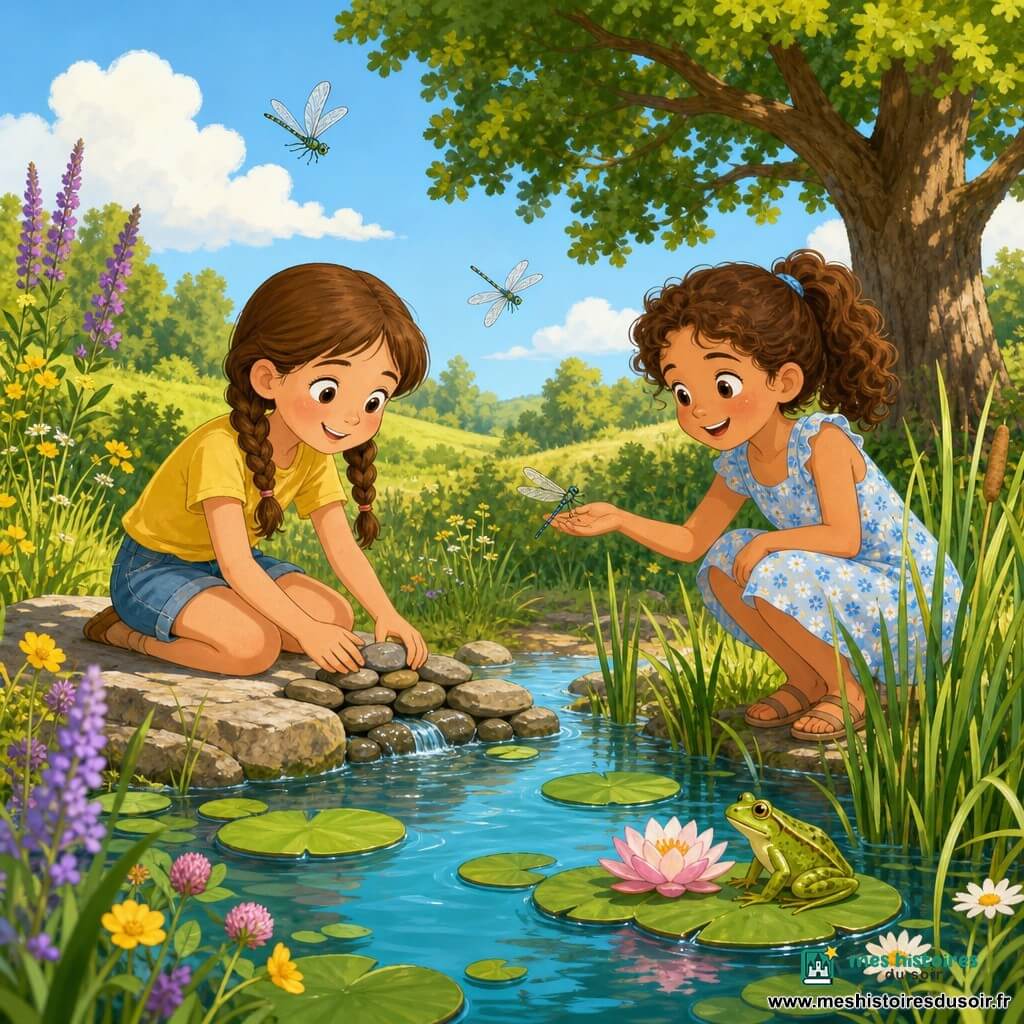 Deux fillettes d'environ 8 ans jouent au bord d'une petite mare en été : à gauche, une blonde châtain en deux tresses, peau claire, t-shirt jaune et short en jean, assise sur une pierre et souriante, construit un petit barrage de cailloux ; à droite, une brune aux cheveux bouclés attachés, peau légèrement bronzée, en robe légère à fleurs bleu clair, accroupie près des roseaux et tendant la main vers une libellule posée sur sa paume. La mare calme, bordée de nénuphars, roseaux et fleurs sauvages jaunes et mauves, reflète des teintes bleu-vert ; on voit une grenouille sur un nénuphar et un grand chêne en arrière-plan à droite. Scène lumineuse de fin de matinée, atmosphère douce et joyeuse, style vectoriel simple avec traits nets et aplats de couleur.