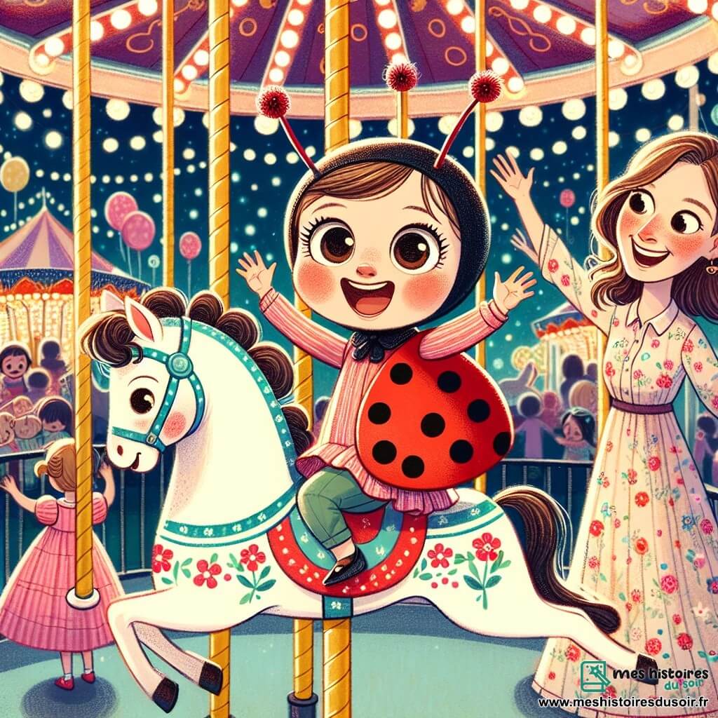 Mia, une coccinelle de 2 ans avec un grand sourire et des taches noires sur son dos rouge, danse joyeusement sur un manège coloré. Elle porte un costume de coccinelle avec des antennes, et ses yeux brillent d'excitation. Sa maman, une femme d'une trentaine d'années aux cheveux bruns et au sourire chaleureux, l'encourage en levant les bras, vêtue d'une robe légère aux motifs floraux. Le parc est animé, rempli de lumières scintillantes, de ballons et d'enfants riant autour du manège. Mia, joyeuse, chevauche un cheval blanc du manège, tandis que sa maman l'observe avec amour, créant une atmosphère festive et magique.