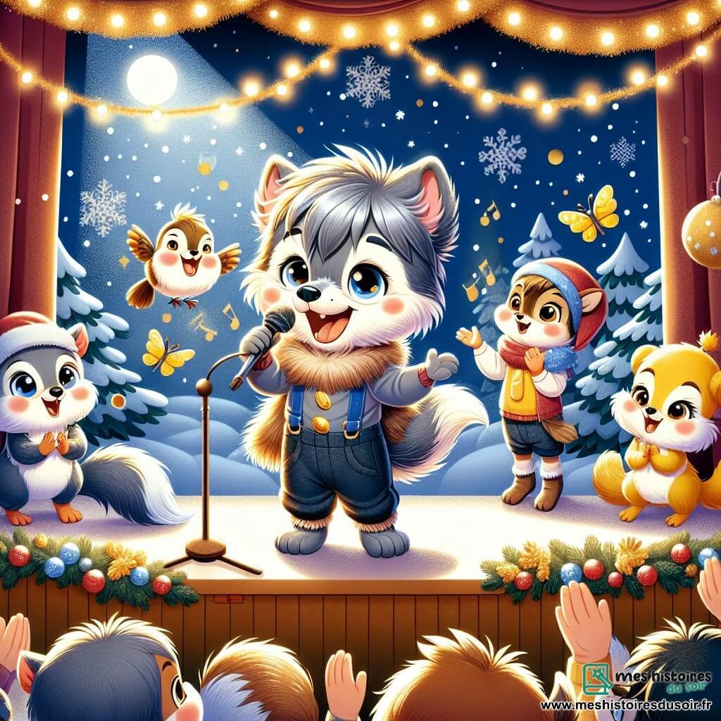 Un petit loup nommé Léo, avec un pelage gris argenté, chante joyeusement sur scène avec ses amis. À ses côtés, Émilie, une mésange aux plumes jaunes, bat des ailes avec enthousiasme, tandis qu'un groupe d'écureuils applaudit. La scène se déroule dans une salle de classe décorée pour Noël, avec des guirlandes scintillantes et des flocons de neige en papier, créant une atmosphère magique. Léo et ses amis se produisent lors d'un spectacle de Noël, chantant des mélodies joyeuses devant un public émerveillé.