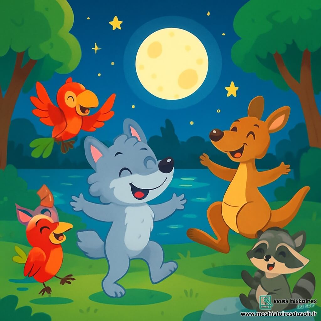 Loupinou, un loup au pelage gris doux et aux yeux curieux, danse joyeusement au bord d'un lac scintillant. Il sourit, plein d'énergie. À ses côtés, Patapon, un perroquet coloré aux plumes vives, bat des ailes en riant. Kango, un kangourou joyeux au pelage brun, bondit autour d'eux, tandis que Ratonnet, un petit raton laveur malicieux, applaudit sur une pierre. Le lac est entouré d'arbres majestueux, éclairé par la lune et les étoiles, créant une ambiance magique. Les quatre amis profitent d'une nuit d'aventure pleine de bonheur et d'amitié.