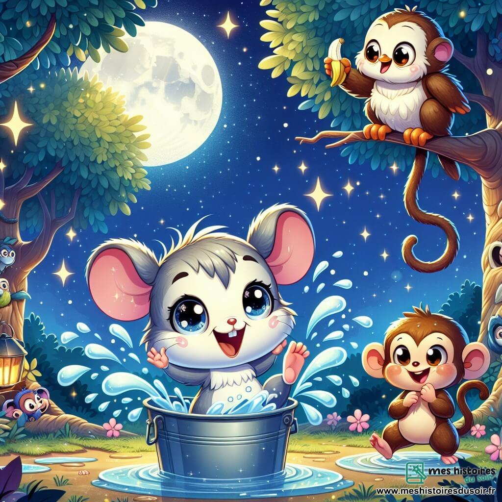 Une petite souris nommée Mimi, avec de grands yeux pétillants et une petite queue qui zigzague, danse joyeusement dans un seau d'eau, éclaboussant autour d'elle. À côté, un petit singe espiègle, avec un pelage brun et une banane à la main, rit aux éclats, tandis qu'un hibou sage, perché sur une branche, les observe avec un sourire malicieux. Ils s'amusent ensemble dans une forêt enchantée, baignée par la lumière de la lune, créant des éclaboussures d'eau dans une ambiance joyeuse et magique.