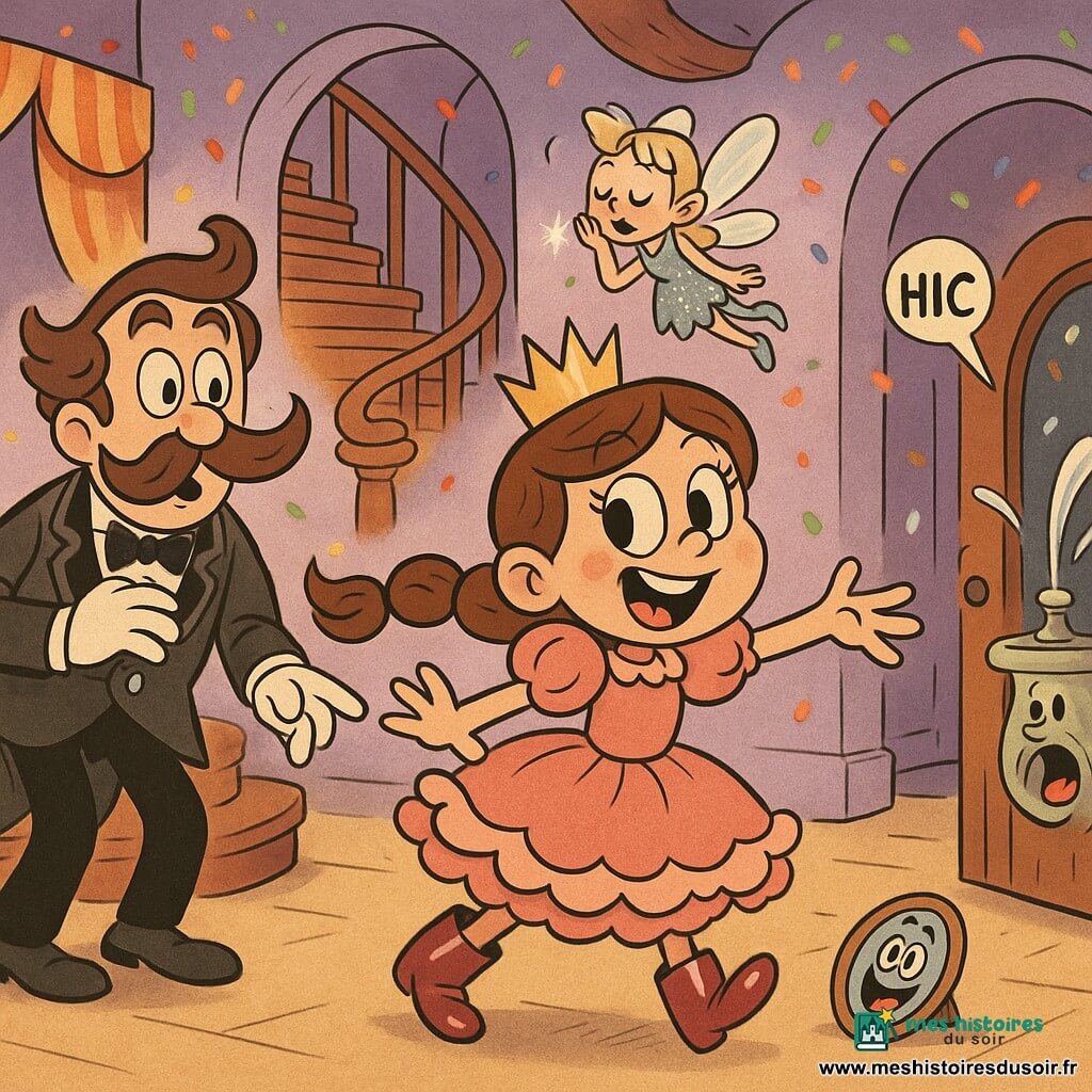 Princesse d'environ 8 ans, malicieuse et souriante, grands yeux brillants, tresse châtain en mouvement, robe rose bonbon à volants et bottes brillantes, rit et tend la main vers un mur qui fait « hic », posture dynamique; à sa gauche le grand majordome Moustachette, homme d'environ 45 ans à grande moustache ondulée, veste noire et gants blancs, étonné, main sur la poitrine et l'autre pointant vers une porte qui fait « hic »; la fée Minzi, minuscule fille d'environ 7 ans dans un pot à crayons, ailes translucides et robe pailletée, bâille en flottant près du visage de la princesse en laissant tomber des étincelles; grande salle de château aux murs violet lavande, rideaux orange rayés, escaliers en colimaçon en bois poli, fontaine centrale qui claque et jaillit par à-coups, confettis colorés tombant du plafond, portes qui font des bulles de « hic », petit miroir faisant des grimaces sur le sol, ambiance joyeuse aux couleurs saturées et lignes courbes exagérées.