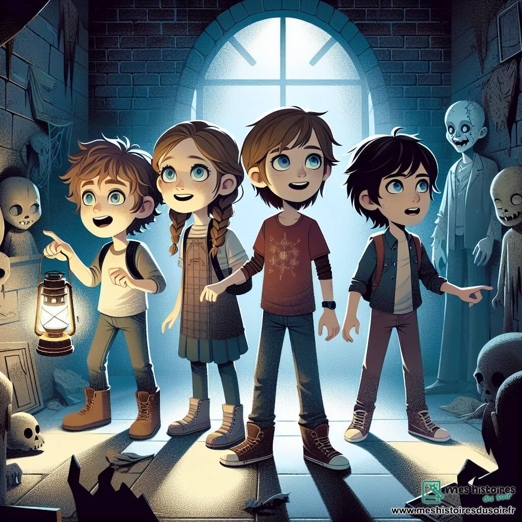 Dans une maison hantée sombre et poussiéreuse, quatre amis se tiennent ensemble, leurs visages éclairés par la lumière vacillante de leurs lampes de poche. Nathan, 10 ans, pointe une trappe mystérieuse au sol. Claire, 9 ans, inquiète, serre la main d'Emma, également 9 ans, curieuse et portant des lunettes. Lucas, 10 ans, observe prudemment. La maison est pleine de toiles d'araignée, avec des murs fissurés et des mannequins effrayants. Ils découvrent une trappe qui s'ouvre, révélant un escalier sombre menant à une pièce souterraine remplie de mécanismes rouillés et de souvenirs oubliés, créant une atmosphère tendue alors qu'ils s'apprêtent à explorer l'inconnu.