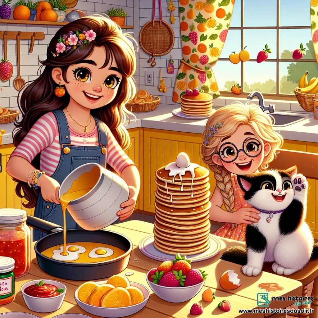 Dans une cuisine ensoleillée, Célia, 8 ans, verse de la pâte à pancakes dans une poêle, tandis que Lila, 7 ans, tient un pot de confiture. Zoé, 8 ans, riant, essaie de nettoyer un œuf cassé au sol. La cuisine, aux murs jaunes et décorée de fruits, est animée par une grande table remplie de fruits, de confiture et de pancakes. Biscuit, un chat noir et blanc, est au centre, prêt à jouer. Les filles préparent un petit déjeuner surprise pour la fête des pères dans une ambiance joyeuse.