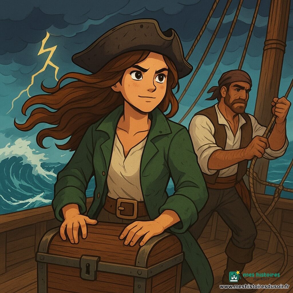 Isolde, une femme pirate de 25 ans, se tient sur le pont d'un navire, ses cheveux bruns flottant au vent. Elle porte un tricorne usé, une veste verte et un pantalon de toile, son visage reflétant détermination et bravoure. Elle protège un coffre en bois, les mains posées dessus. À ses côtés, Mateo, un homme d'une trentaine d'années, ajuste les cordages avec concentration. Le pont en bois est entouré par une mer tumultueuse, où des vagues s'écrasent contre la coque, sous un ciel orageux rempli de nuages sombres. Isolde est déterminée à protéger le coffre alors qu'une tempête se prépare, créant une atmosphère de tension et d'aventure.