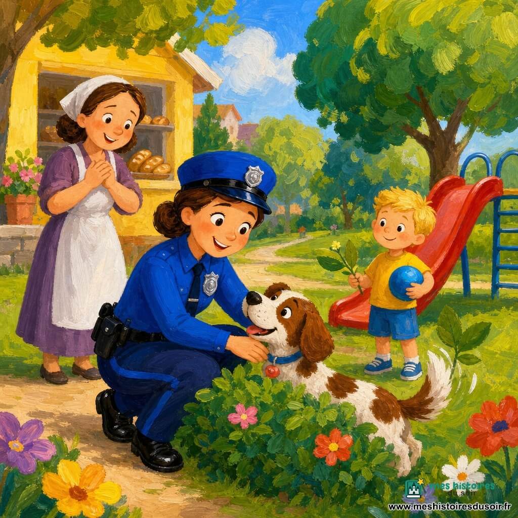 Julie, une policière joyeuse en uniforme bleu vif et badge argenté, s’agenouille pour caresser Filou, un petit chien tacheté marron et blanc caché derrière un buisson près d’un toboggan rouge; un garçon de 5 ans aux cheveux blonds tient un ballon bleu et regarde, tandis que Madame Lila, la boulangère, observe émue près d’une petite boulangerie jaune; parc lumineux avec herbe verte, arbres ronds, chemin de gravier et fleurs stylisées, composition centrée, formes simples et couleurs vives en peinture acrylique aux traits épais.