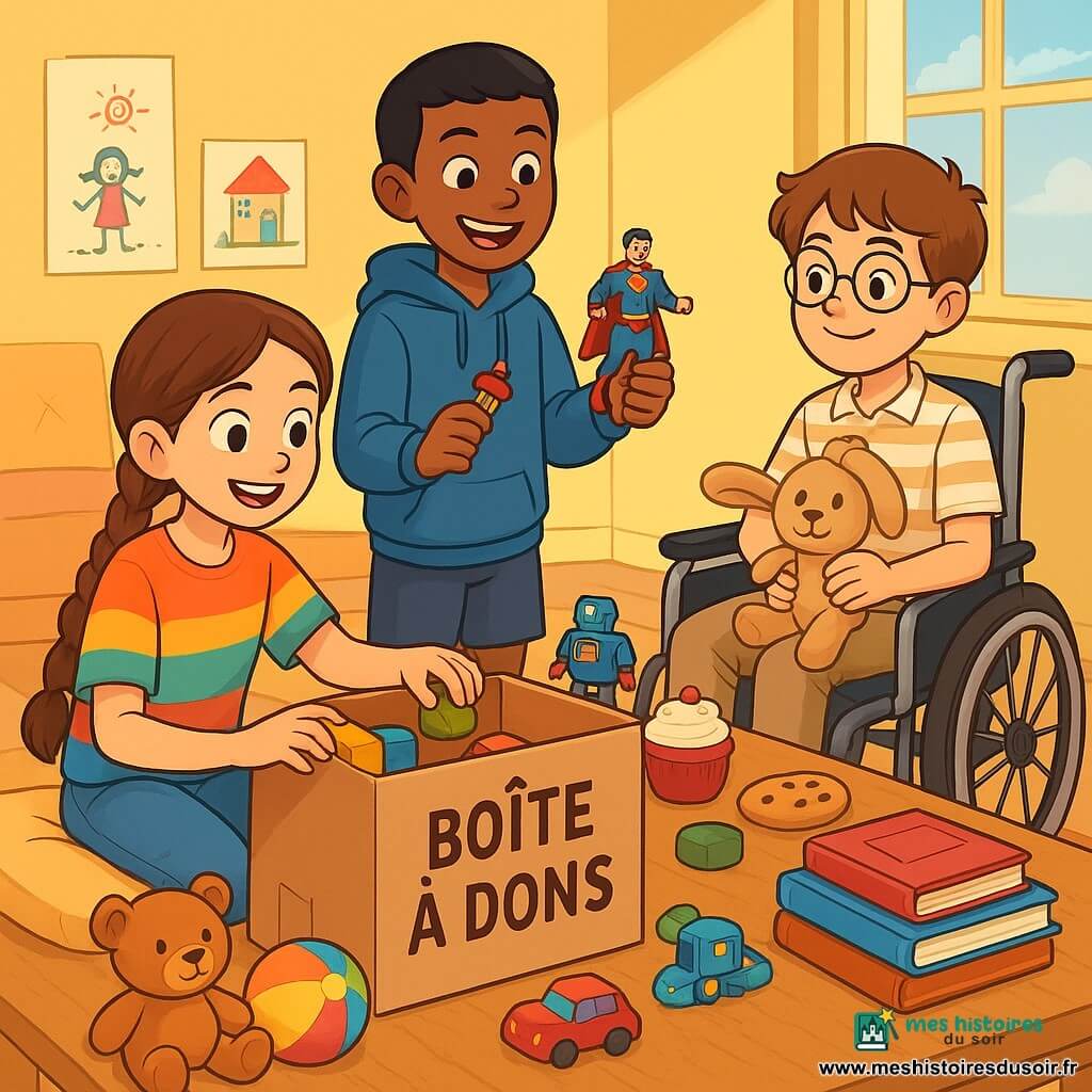 Trois personnages sont présents : Maria, une fille de 11 ans aux longues tresses brunes, assise sur un coussin moelleux entourée de jouets, trie des objets pour la boîte à dons. Jaouad, un garçon de 11 ans avec un sourire éclatant, se tient à côté d'elle, tenant une figurine de super-héros et un bonbon. Léon, un garçon de 12 ans en fauteuil roulant avec des lunettes rondes, les observe avec un sourire encourageant, tenant une peluche. L'action se déroule dans une petite cuisine ensoleillée aux murs jaunes, où la lumière du soleil éclaire une table pleine de jouets, de livres et de pâtisseries. Les amis rient et discutent joyeusement, illustrant l'esprit de partage et de solidarité du Ramadan.