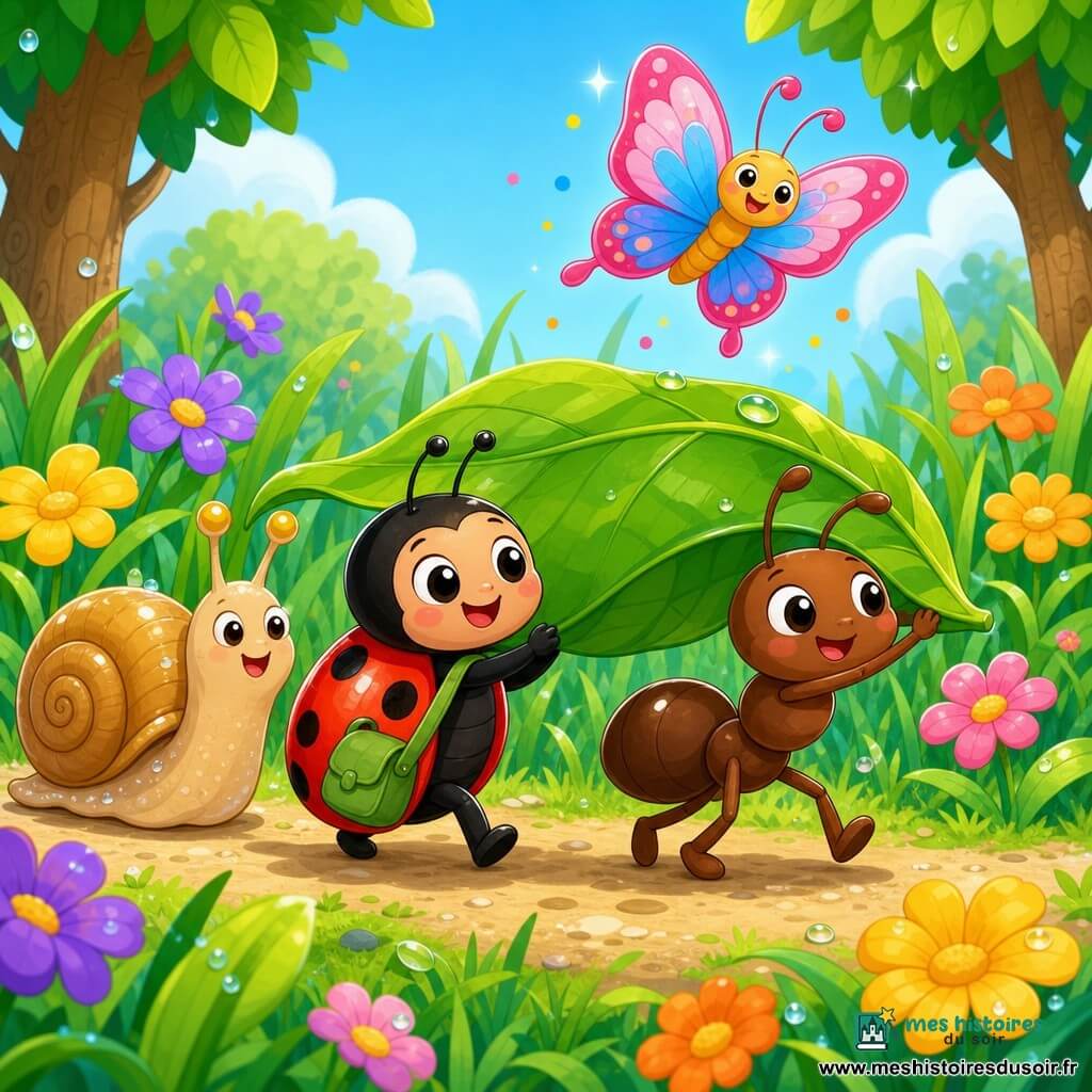 Une coccinelle rouge à pois noirs, yeux brillants et petit sourire, porte un petit sac vert et tire une grande feuille que poussent à ses côtés une fourmi brune souriante et robuste et un escargot beige à coquille brillante ; un papillon aux ailes roses et bleues vole au-dessus en laissant des étincelles de couleur. Le jardin lumineux, aux herbes hautes, fleurs jaunes, violettes et orange et arbres verts au tronc texturé, présente quelques gouttes de rosée. Scène centrée, couleurs vives, contours doux et formes simples adaptées aux tout-petits.