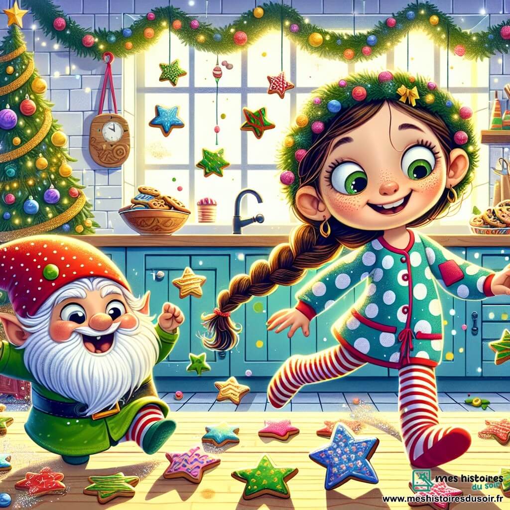 Une fille de 8 ans, Zoé, avec de longs cheveux bruns en tresses, porte un pyjama à pois colorés et des chaussettes rayées. Elle sourit émerveillée en courant après des biscuits en forme d'étoile sur la table de la cuisine. À côté d'elle, un petit lutin nommé Gribouille, avec une peau verte et un bonnet rouge, rit en essayant d'attraper un biscuit. La cuisine est décorée de guirlandes scintillantes et d'un grand sapin illuminé, avec des flocons de neige en papier flottant. Zoé et Gribouille sont en pleine action, entourés de biscuits colorés, créant une ambiance festive et magique.
