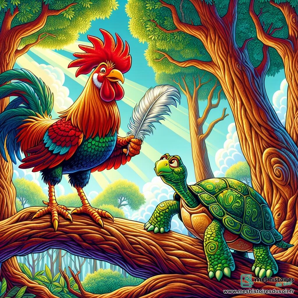 Un coq nommé Colbert, avec une crête rouge et or, se tient sur une branche d'un vieux chêne, prêt à s'élancer dans l'aventure. À ses pieds, la tortue Saphira, avec sa carapace verte, l'observe avec sagesse et lui tend une plume d'argent. Le décor est une forêt dense avec des arbres majestueux et un ciel bleu. Colbert, déterminé à sauver son village assoiffé, se prépare à s'aventurer dans la forêt mystérieuse, tandis que Saphira lui donne des conseils sur l'importance de la plume pour le guider.