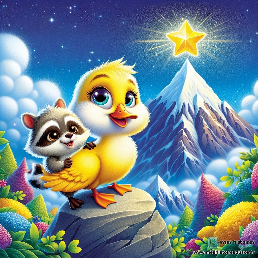 Un petit canard nommé Plumeau, avec un plumage jaune et des yeux déterminés, se tient au sommet d'une montagne. Il regarde une étoile dorée scintillante au-dessus de lui, tandis qu'un raton-laveur curieux, avec un pelage gris, l'encourage avec un sourire. Le ciel est bleu avec des nuages blancs, et la montagne est entourée de fleurs colorées. Plumeau et Rami découvrent l'Étoile Dorée, symbole de leurs rêves et de leur amitié, dans un moment de triomphe et de magie.