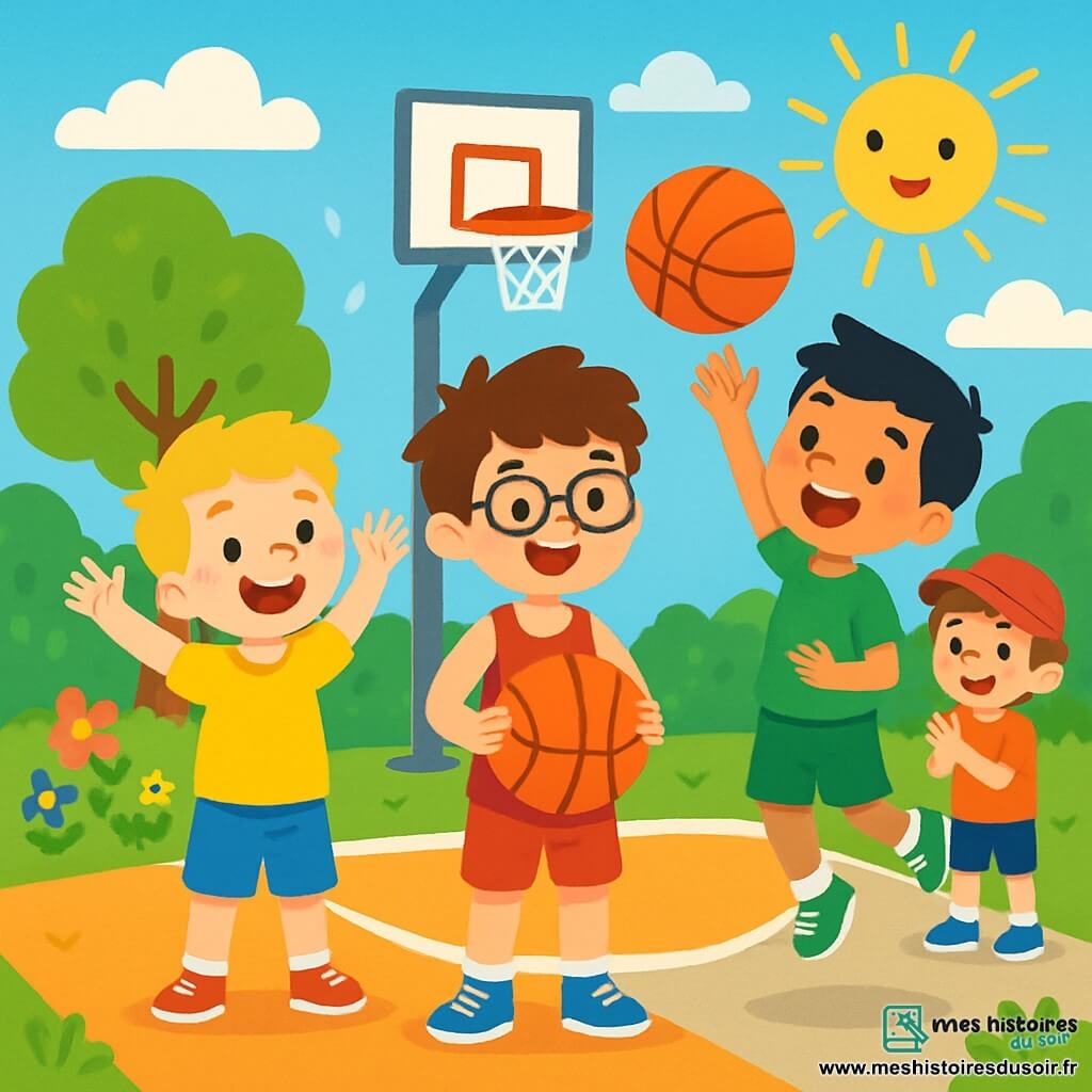 Quatre enfants jouent au basketball : Tom, 10 ans, cheveux bruns en bataille et lunettes, porte un maillot rouge et tient un ballon, souriant au centre. À gauche, Max, 9 ans, cheveux blonds et taches de rousseur, en short bleu et t-shirt jaune, lève les bras avec enthousiasme. À droite, Léo, 10 ans, cheveux noirs et sourire éclatant, en maillot vert et baskets blanches, fait un tir. Sam, 9 ans, cheveux châtains et casquette rouge, en t-shirt orange et short noir, applaudit en souriant. Ils sont sur un terrain de basketball en plein air, entouré d'arbres et de fleurs, sous un ciel bleu et ensoleillé, après une pluie. Les enfants rient et s'encouragent, pleins d'énergie pour profiter de leur journée.