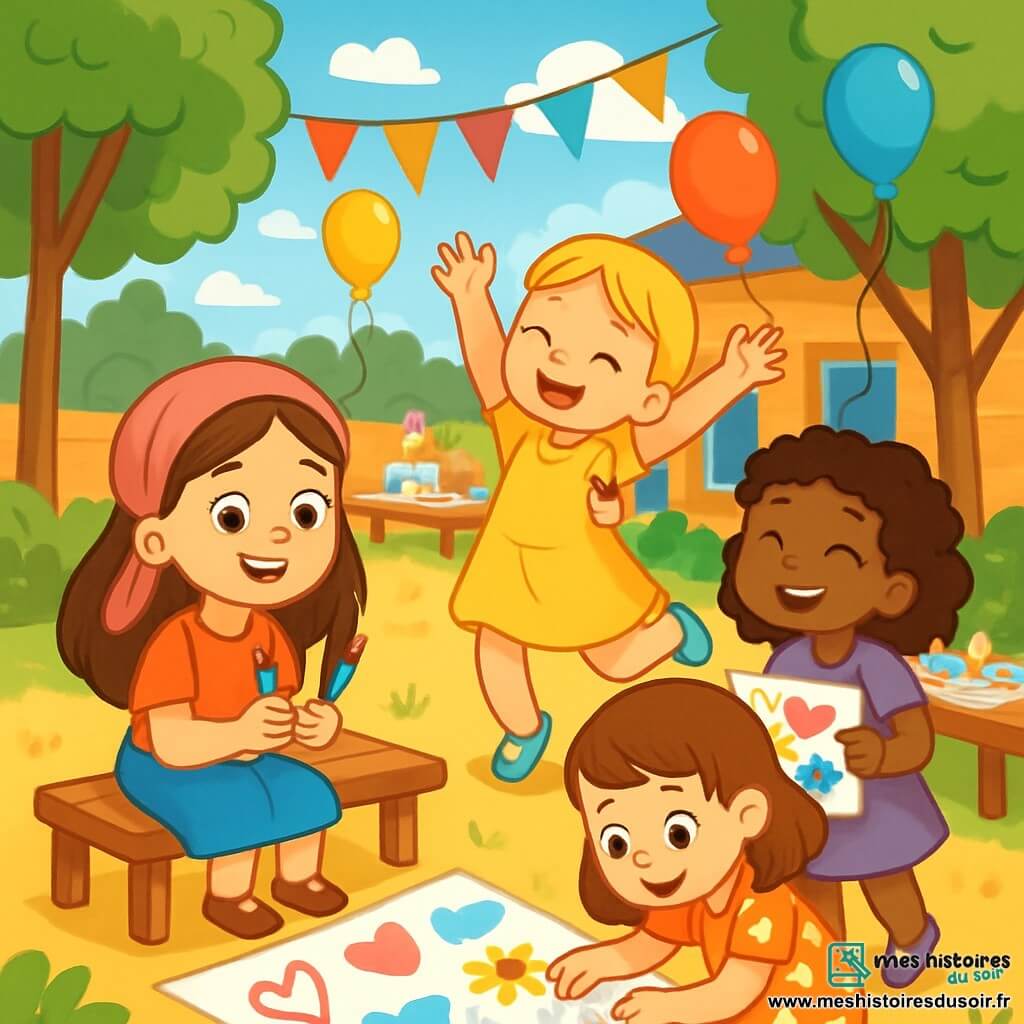 Quatre enfants sont réunis : Zoé, 5 ans, avec de longs cheveux bruns et un foulard rose, assise sur un banc avec des crayons colorés ; Inès, 5 ans, avec des cheveux blonds en tresses et une robe jaune, dansant joyeusement à côté d'elle ; Amira, 5 ans, avec des cheveux frisés et une robe violette, debout en riant avec une carte décorée ; Jade, 5 ans, avec des cheveux châtains et une robe à pois, accroupie près de Zoé, décorant une carte avec des paillettes. L'action se déroule dans une cour d'école ensoleillée, entourée d'arbres, avec des ballons et des guirlandes. Les amies chantent et rient autour de Zoé, qui dessine des cœurs et des nuages, créant une atmosphère joyeuse.