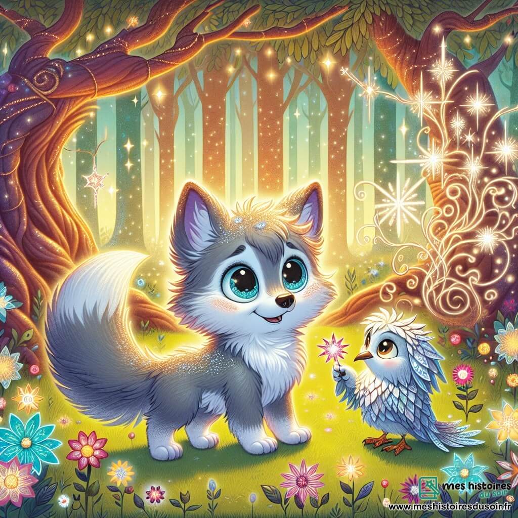 Illustration d'un petit loup argenté aux grands yeux ronds et au pelage doux, exprimant une curiosité émerveillée dans une clairière magique entourée de fleurs lumineuses. À proximité, un gardien mi-homme mi-oiseau, aux plumes argentées et au regard sage, observe le loup avec bienveillance près d'un grand arbre aux branches tordues, prêt à lui poser des énigmes. La clairière est baignée de lumière dorée, créant une atmosphère magique et mystérieuse. Le loup est prêt à relever le défi des énigmes, avec une étoile scintillante flottant entre lui et le gardien. Des rayons de soleil filtrent à travers les feuilles, des ombres dansent au sol, et des oiseaux colorés ajoutent de la vie à cette scène féerique.