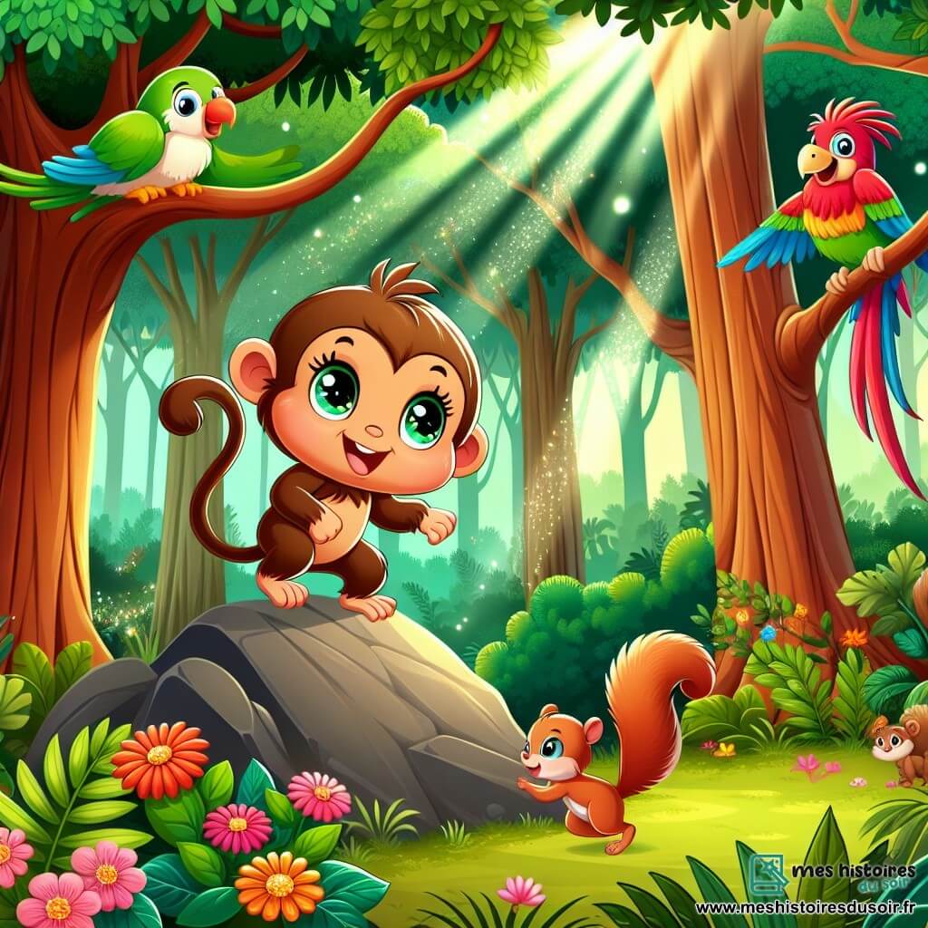 Mimi, une petite guenon au pelage brun clair et aux yeux déterminés, grimpe joyeusement sur un grand rocher. Elle sourit, pleine d'énergie, tandis qu'un perroquet rouge et vert, perché à côté, l'encourage avec admiration. Un écureuil aux poils soyeux l'observe en bas, prêt à aider. La scène se déroule dans une forêt enchantée, baignée de lumière, où Mimi tente de surmonter le rocher qui bloque son chemin, soutenue par ses amis, illustrant l'importance de l'amitié dans les moments difficiles.