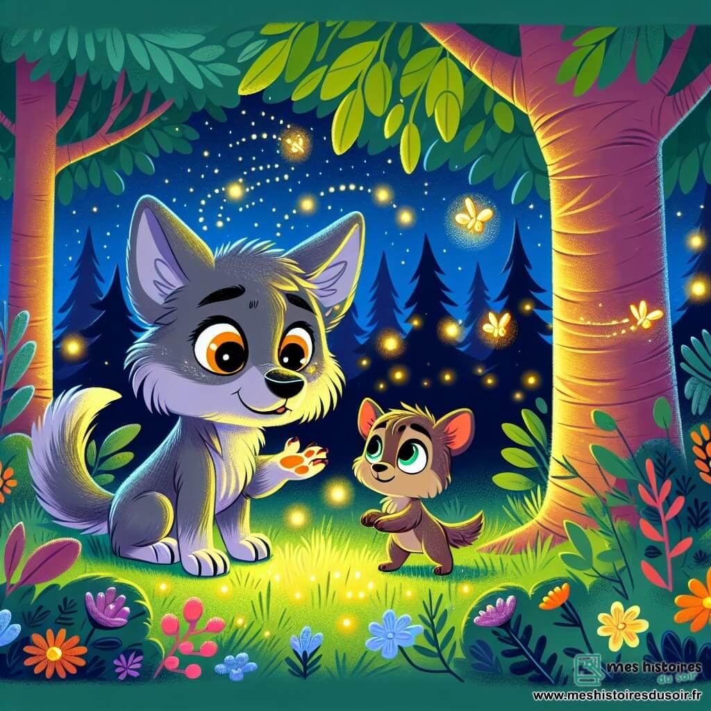 Petit Loup, un jeune loup aux grandes oreilles et à la fourrure grise, se tient timidement sous un grand arbre, émerveillé par les lucioles qui dansent autour de lui. Maman Loup, douce et protectrice, lui montre les étoiles scintillantes dans le ciel nocturne. La clairière est illuminée par la lumière des lucioles, avec des fleurs colorées et des ombres dansantes, créant une atmosphère magique. Petit Loup découvre la beauté de la nuit, réalisant que le noir peut être rempli de lumière et de surprises.