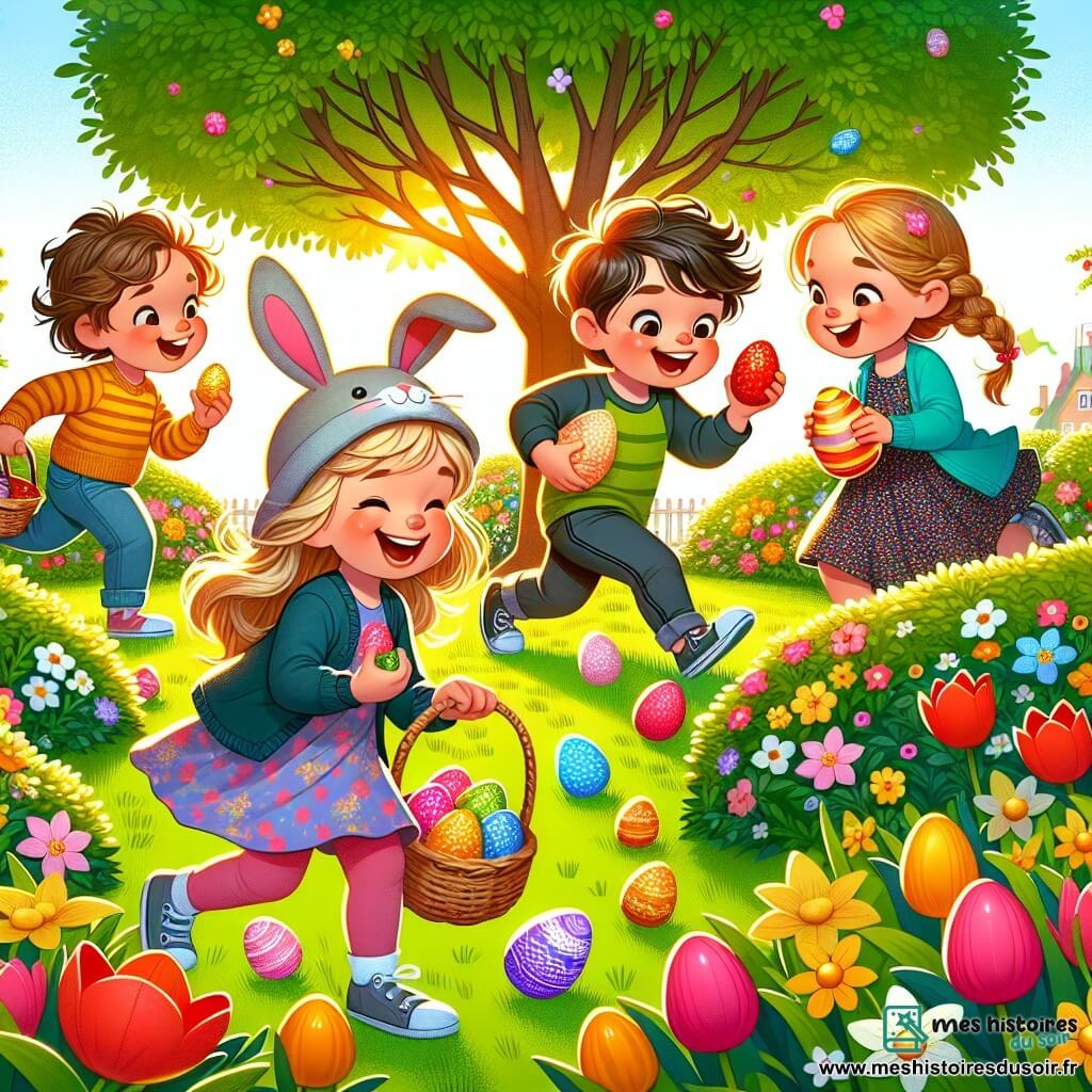 Dans un jardin ensoleillé, quatre enfants participent à une chasse aux œufs de Pâques. Lucas, 8 ans, porte un chapeau de lapin et tient un panier vide. Clara, 7 ans, brandit un œuf rose qu'elle a trouvé. Max, 9 ans, cherche derrière un buisson, tandis qu'Emma, 6 ans, saute de joie en découvrant un œuf en chocolat. Le jardin est rempli de fleurs colorées, avec un grand chêne au centre et des œufs en chocolat cachés dans l'herbe. Les enfants courent et rient, créant une atmosphère joyeuse et festive.