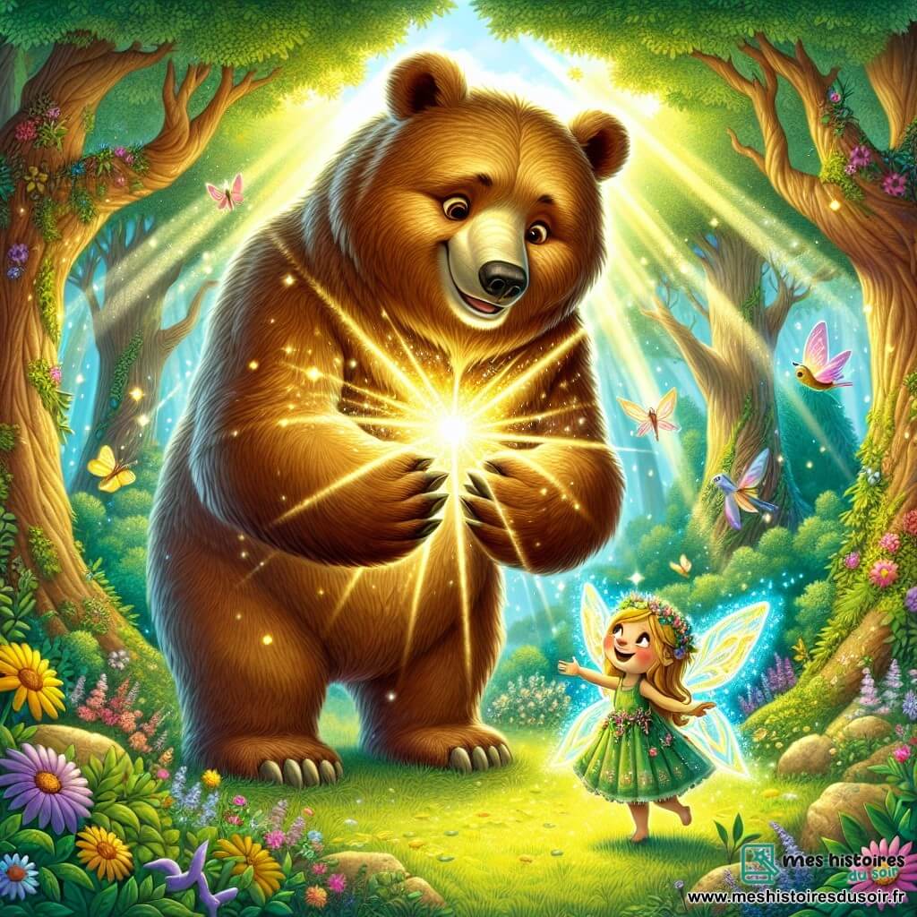 Un grand ours brun nommé Balthazar, avec un pelage doré, se tient au centre d'une clairière enchantée, déterminé et excité. Il regarde un éclat lumineux, le Cœur de la Forêt, un artefact magique rayonnant. À ses côtés, une petite fée nommée Lumina, avec des ailes scintillantes, vole joyeusement autour de lui, applaudissant avec enthousiasme. La scène se déroule dans une forêt verdoyante, avec des arbres majestueux, des fleurs colorées et des rayons de soleil filtrant. Balthazar, fier, vient de récupérer le Cœur de la Forêt pour sauver son habitat, tandis que Lumina célèbre leur victoire dans cette clairière lumineuse.