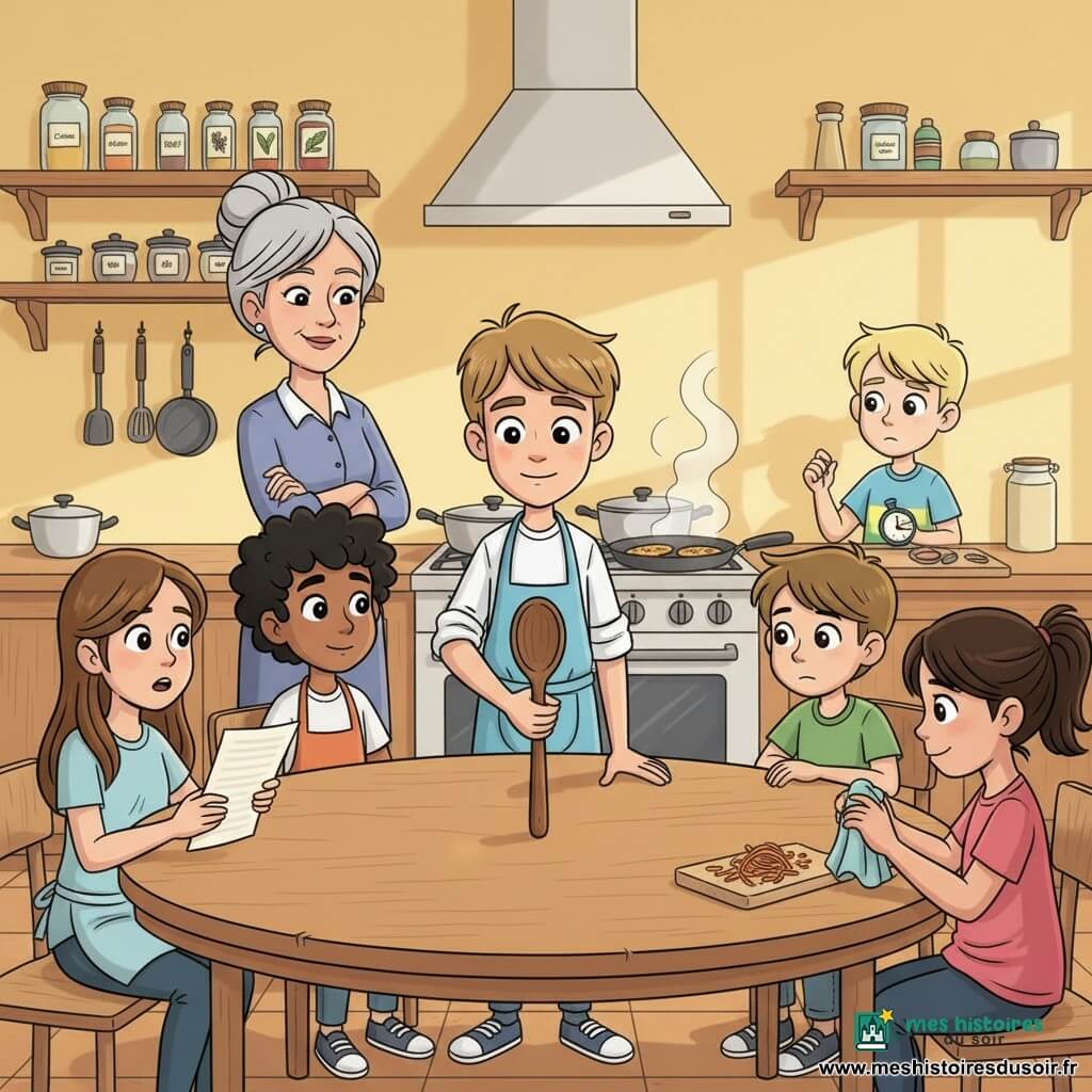 Un garçon d'environ 12 ans, cheveux châtain clair coupés courts, regard déterminé et sourire doux, porte un tablier bleu clair et pose une grande cuillère en bois au centre d'une table ronde; Lina, 12 ans, peau claire et cheveux longs bruns, tient une feuille de recette et le regarde soulagée; Nadir, 12 ans, d'origine algérienne, peau mate et cheveux noirs bouclés, assis près du garçon, observe timidement soulagé; Sanaa, 12 ans, cheveux attachés, essuie un torchon prête à nettoyer; Hugo, 12 ans, tient un chronomètre, un peu confus mais prêt à aider; Madame Roux, professeure dans la cinquantaine, cheveux gris en chignon, sourit en arrière-plan les bras croisés; la cuisine scolaire est chaleureuse, murs jaunes, lumière solaire, étagères garnies de bocaux d'épices étiquetés, casseroles suspendues, planches à découper et une poêle fumante où dorent des galettes; la cuillère au centre symbolise une pause d'écoute, les enfants forment un cercle, atmosphère conviviale et apaisée.
