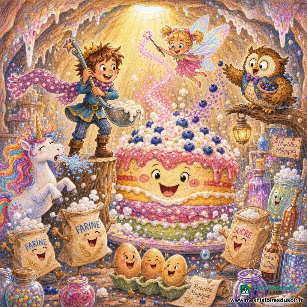 Prince Tilio, garçon d'environ 9 ans, souriant et malicieux, cheveux châtains en bataille et écharpe mauve à pois, debout sur une souche avec une grande louche magique couverte de crème; à sa gauche Pompom, licorne femelle blanc nacré à crinière arc‑en‑ciel qui éternue des petites étoiles bleues; au‑dessus du gâteau Frisette, minuscule fée aux couettes blondes et ailes translucides, agite une baguette qui laisse des traînées de paillettes roses; à droite Bouboule, hibou mâle rondouillet brun‑ocre aux grands yeux, perché sur une branche et lançant des myrtilles qui éclatent en violet. Le tout dans une caverne lumineuse remplie d'ingrédients magiques — sacs de farine dansants, œufs souriants, bocaux étincelants, stalactites en sucre glace et lumière dorée entrant par un trou — autour d'un énorme gâteau souriant couvert de crème et de myrtilles que tous décorent joyeusement, ambiance festive aux couleurs vives et textures crayon.