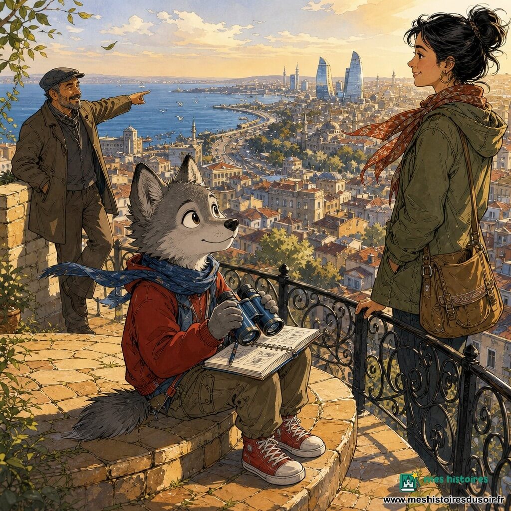 Un jeune loup anthropomorphe à la fourrure grise, yeux curieux, assis sur le rebord d'une terrasse en pierre couleur miel, tenant des jumelles métalliques bleues et un petit carnet à spirales sur les genoux, regarde émerveillé la ville en contrebas tandis qu'Aysel, guide humaine aux cheveux noirs relevés, veste kaki et sac en bandoulière, se tient légèrement en retrait à droite, main sur la rampe en fer forgé, et que Rustam, le chauffeur casquette et manteau sobre, appuyé sur un muret à gauche, indique la mer ; fin d'après-midi, lumière dorée, vent léger et ambiance chaleureuse.