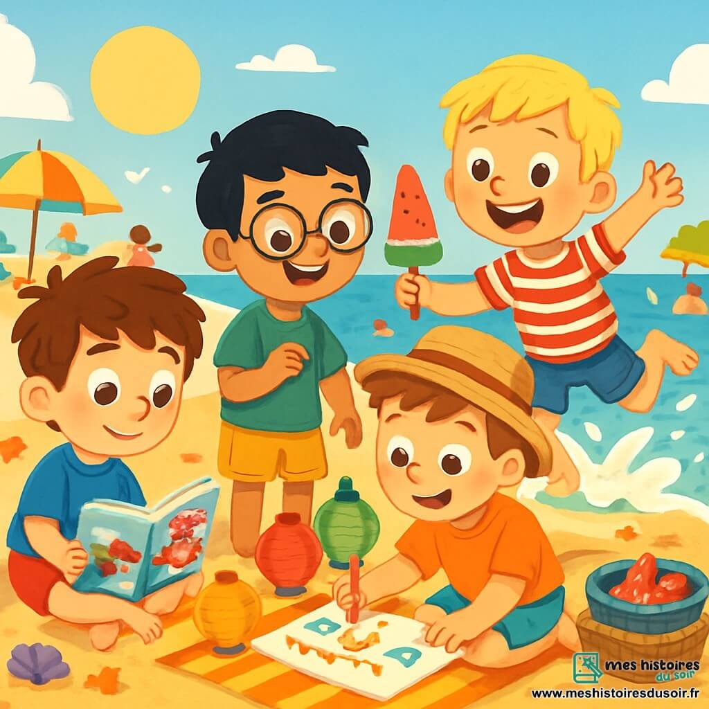 Quatre enfants sont présents : Jules, 7 ans, avec des cheveux bruns en bataille, assis sur le sable avec un livre sur le Japon ; Sami, 7 ans, avec des cheveux noirs et des lunettes, debout à côté de Jules montrant une pastèque glacée ; Léo, 7 ans, avec des cheveux blonds, sautant dans l'eau ; et Maxime, 7 ans, avec des cheveux châtains, dessinant des drapeaux en papier. Ils se trouvent sur une plage ensoleillée avec du sable doré, des vagues douces, des coquillages et des parasols colorés. Les amis préparent leur festival d'été, rient et s'amusent autour de livres, lanternes en papier et plats, partageant leurs découvertes sur les vacances d'été.