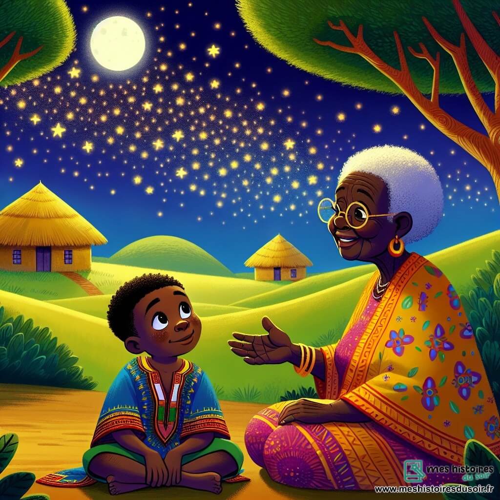 Kofi, un homme d'environ 30 ans avec la peau brun chaud et des cheveux crépus, porte un vêtement traditionnel aux motifs africains. Assis sur une colline verdoyante, il regarde le ciel étoilé avec curiosité. À ses côtés, Mama Nia, une femme d'environ 60 ans, souriante et bienveillante, porte une robe colorée et tient un bâton de marche. Le décor est un village africain pittoresque avec des maisons en paille dorée et des arbres sous un ciel nocturne étoilé. Kofi écoute attentivement Mama Nia, qui lui enseigne les leçons des étoiles, créant une atmosphère magique et sage.