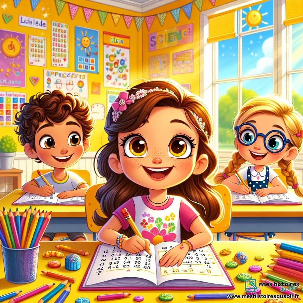Clara, une fille de 8 ans aux longs cheveux bruns et aux yeux pétillants, est assise à une table de classe, souriante, entourée de crayons de couleur et de bonbons. Elle porte un t-shirt rose à fleurs et une jupe à pois. À côté d'elle, Lucas, un garçon aux cheveux bouclés et lunettes, lui montre des bonbons tout en expliquant une addition, son visage rayonnant d'enthousiasme. Mathilde, également âgée de 8 ans, avec des lunettes et des cheveux blonds tressés, se penche en avant, prête à aider Clara avec un carnet de mathématiques ouvert. La scène se déroule dans une salle de classe lumineuse aux murs jaunes, ornée d'affiches colorées. Les enfants travaillent ensemble sur des problèmes de mathématiques en utilisant des bonbons comme outils d'apprentissage, créant une atmosphère joyeuse et collaborative.