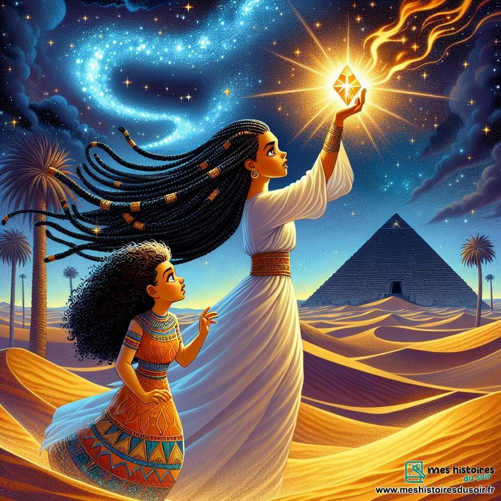 Aset, une jeune femme de quinze ans, se tient avec détermination, les longs cheveux noirs tressés et une tunique en lin blanc flottant dans la brise. Son visage exprime inquiétude et bravoure alors qu'elle lève un talisman des éléments, brillant vers le ciel. À ses côtés, Nefertari, également âgée de quinze ans, pleine de vie et aux cheveux bouclés, porte une robe colorée ornée de motifs égyptiens et semble prête à soutenir son amie. Le décor est un désert égyptien avec une pyramide ancienne sous un ciel étoilé, créant une atmosphère mystique. Aset et Nefertari sont prêtes à affronter les gardiens des éléments, avec le talisman éclairant leur chemin, tandis que les éléments de la nature s'éveillent autour d'elles, ajoutant une touche de magie à la scène.