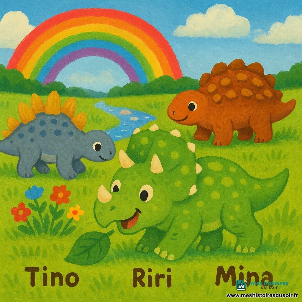 Tino, petit tricératops joyeux à la peau vert pâle tachetée et petites cornes crème, pousse une feuille du nez; Riri, stégosaure joueur au dos doré et peau gris-bleu, trottine en regardant les fleurs; Mina, ankylosaure calme à la carapace brun-roux et queue cloutée, veille derrière eux; ils arrivent ensemble dans une prairie lumineuse aux herbes épaisses, fleurs rouges, jaunes et bleues, un arc‑en‑ciel au ciel et une rivière scintillante bordée de pierres, s’arrêtent émerveillés au bord de l’eau dans une atmosphère douce, sûre et colorée.