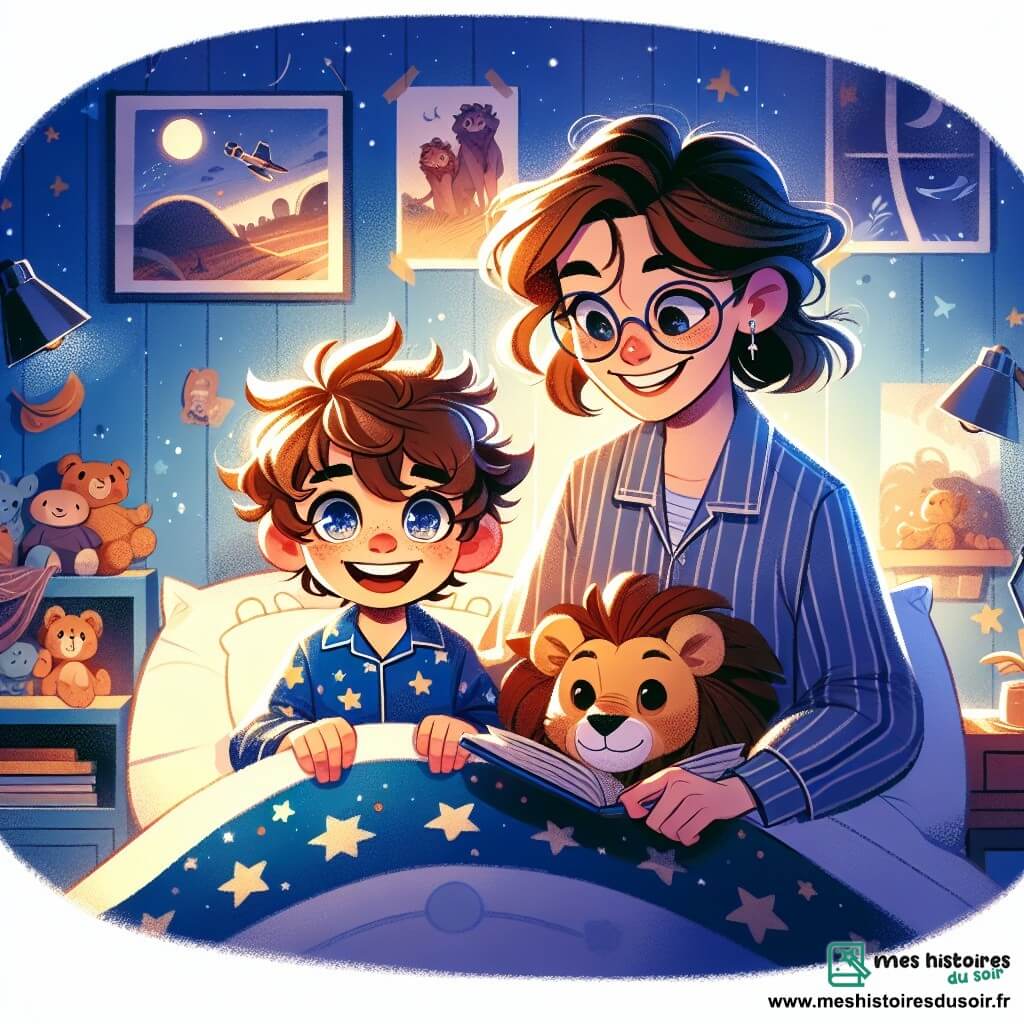 Un garçon de 8 ans, Timéo, aux cheveux bruns en bataille et aux yeux curieux, est allongé dans son lit avec un sourire, tenant une peluche en forme de lion. Il porte un pyjama bleu avec des étoiles blanches, et sa chambre est éclairée par une veilleuse projetant des étoiles sur le plafond. À côté de lui, sa maman, Anne, une femme souriante d'environ 30 ans avec des cheveux châtains et des lunettes, est assise sur le bord du lit en lui lisant une histoire. La chambre est décorée de posters d'astronautes et de planètes, et des jouets sont éparpillés sur le sol, créant une ambiance chaleureuse. Timéo et sa maman partagent un moment magique avant le coucher, transformant la peur du noir en une aventure pleine d'imagination.