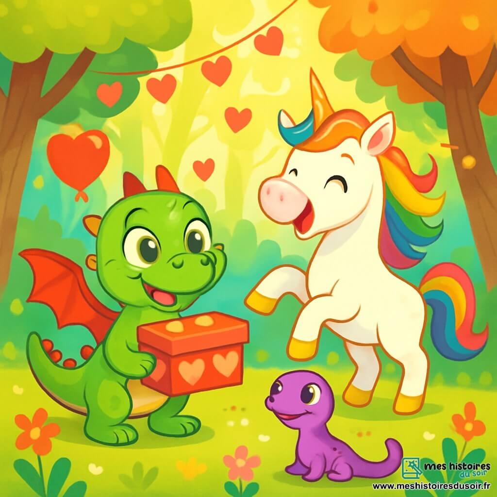 Un petit dragon vert nommé Pipo, avec de grandes ailes rouges et des yeux ronds, sourit en tenant une boîte à chaussures rouge décorée de cœurs. Il est excité et un peu timide, prêt à offrir sa surprise. À ses côtés, une licorne blanche nommée Lili, avec une crinière arc-en-ciel et des sabots dorés, danse joyeusement. Un peu en retrait, une salamandre mauve nommée Tiki regarde Pipo avec émerveillement. La scène se déroule dans une clairière enchantée, entourée d’arbres colorés, avec des guirlandes de cœurs flottantes et des rayons de soleil. Des fleurs multicolores et des ballons ajoutent une touche festive. Pipo s'apprête à ouvrir sa boîte pour révéler un rire de dragon, tandis que Lili et Tiki attendent avec impatience, célébrant la Saint-Valentin dans une ambiance joyeuse.