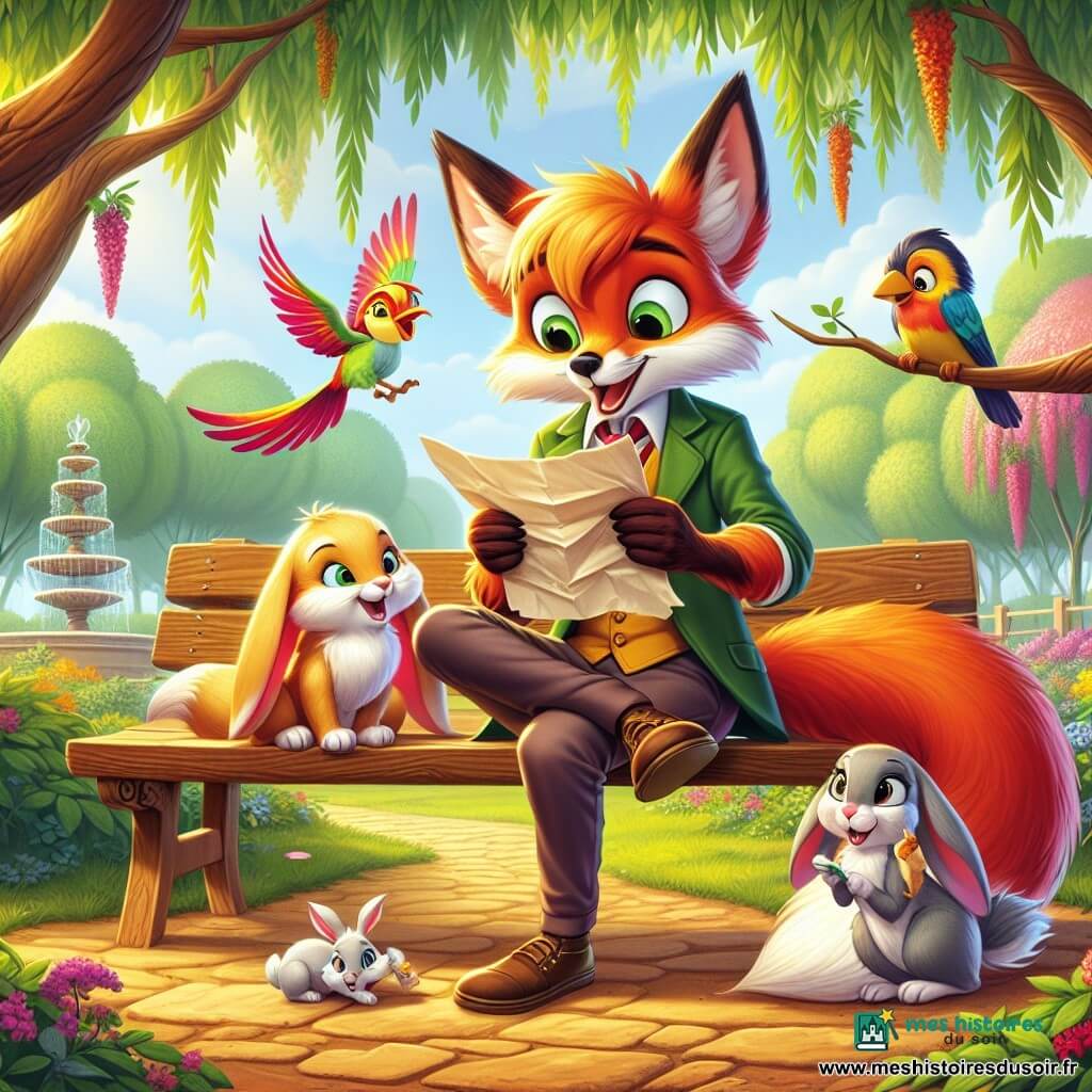 Rafi, un jeune renard aux poils flamboyants et aux yeux curieux, est assis sur un banc en bois, tenant une feuille froissée. Il a une expression déterminée, prêt à résoudre un mystère. À côté de lui, Naya, une lapine aux grandes oreilles, saute d'excitation, son visage rayonnant de joie. Lila, une pie bavarde aux plumes colorées, est perchée sur le dossier du banc, picorant une friandise avec un regard malicieux. Ils se trouvent dans un jardin ensoleillé, entouré de tilleuls majestueux et de fleurs colorées, avec une fontaine murmurante au fond. Rafi et ses amis examinent un plan mystérieux, entourés d'une atmosphère d'excitation, prêts pour l'aventure.