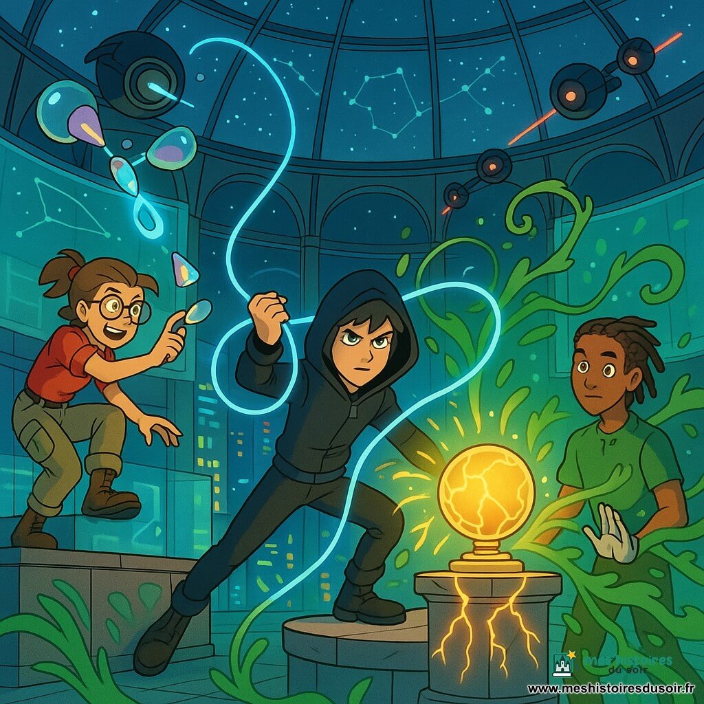 Adolescents héroïques affrontent un disque flottant dans une galerie de musée futuriste à dôme de verre : un garçon de ~16 ans en costume noir et bleu tire un lasso de lumière bleue tandis que les semelles de ses baskets scintillent, une fille bricoleuse d'environ 16 ans lancent une capsule prismatique collante depuis un rebord, et un jeune de ~17 ans gardien de la nature, peau brune et braids, pose un gant argenté sur la vitrine en envoyant une lueur verte pour apaiser le Cœur d’Ambre posé sur un socle irradiant; drones et tensions colorées, écrans translucides affichant constellations de données et néons urbains complètent la scène dynamique aux tons chauds et bleus, style net et expressions héroïques.