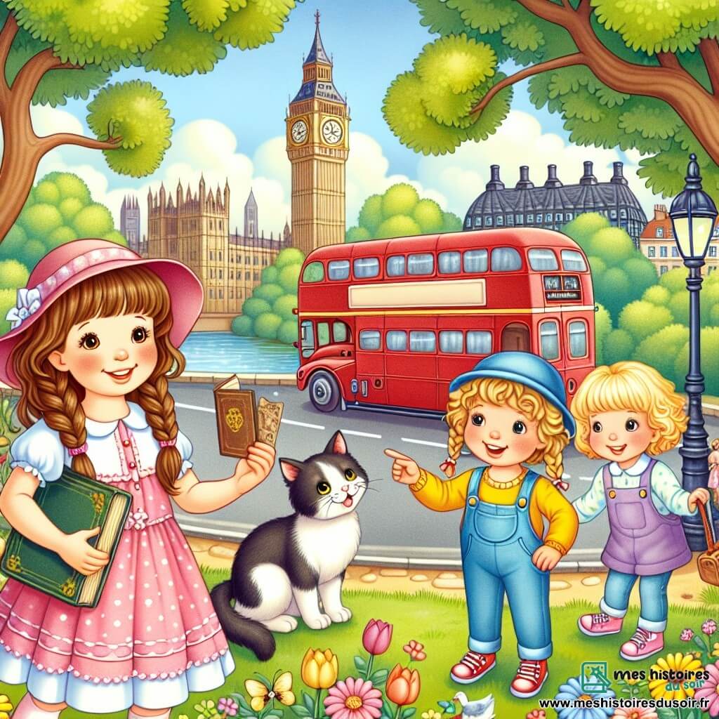 Trois amies, Lila, Mia et Zoé, se trouvent dans un parc londonien. Lila, quatre ans, a de longs cheveux bruns et porte une robe rose à pois blancs, tenant un livre ancien. Mia, aussi âgée de quatre ans, a des cheveux blonds en tresses et une salopette bleue, émerveillée par un bus rouge à deux étages. Zoé, avec des cheveux bouclés châtains et un t-shirt jaune, montre le Big Ben en arrière-plan. Le parc est fleuri, avec des arbres verdoyants et un étang où nagent des canards, sous un ciel ensoleillé. Les amies, accompagnées de Minou, un chat noir et blanc, découvrent un trésor sous un chêne, ouvrant une boîte ornée de motifs dorés contenant des images de Londres et un message sur l'amitié.