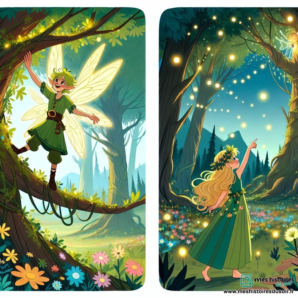 Un elfe nommé Luminel, avec des ailes scintillantes et une tunique verte ornée de feuilles dorées, se tient sur une branche d'arbre, souriant joyeusement à Élodie, une fillette humaine de 8 ans aux cheveux dorés et aux yeux bleu clair, qui regarde avec émerveillement. Ils se trouvent dans une forêt magique, entourés d'arbres géants, de fleurs colorées et de lucioles, créant une atmosphère féerique. Luminel montre un éclat de lumière au loin, tandis qu'Élodie, excitée, s'approche pour découvrir les merveilles de la forêt.