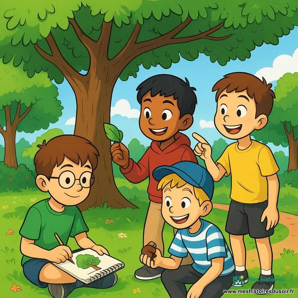 Quatre enfants explorent un parc verdoyant. Mathis, 10 ans, cheveux châtains et lunettes rondes, dessine un arbre assis sur l'herbe. Amir, 10 ans, cheveux noirs, observe une feuille d'arbre avec un sourire, portant un sweat-shirt rouge. Léo, 10 ans, cheveux blonds, ramasse un marron à côté de Mathis, vêtu d'une casquette bleue et d'un t-shirt à rayures. Joris, 10 ans, cheveux bruns et taches de rousseur, montre un arbre à ses amis, portant un t-shirt jaune. Le parc est rempli de grands arbres, d'herbe verte et de fleurs colorées, et les enfants s'amusent à dessiner et discuter de la nature.