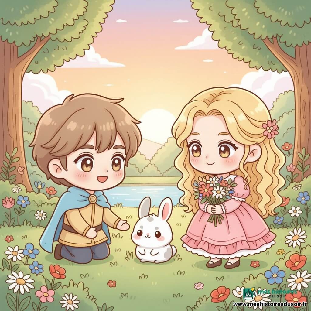 Un jeune prince souriant aux cheveux châtain clair et cape bleu ciel s'agenouille pour tendre la main vers un petit lapin blanc tacheté de gris, oreilles tombantes, assis sur une touffe d'herbe; à ses côtés se tient la princesse Charlotte, environ 16 ans, aux longs cheveux bouclés blonds en robe rose tenant un bouquet de fleurs sauvages. La clairière enchantée, herbe moelleuse et fleurs colorées devant un petit lac reflétant un ciel pastel au coucher du soleil, dégage une ambiance tendre et paisible aux couleurs pastel, lumière chaude, style chibi kawaii aux traits arrondis et expressions très mignonnes.