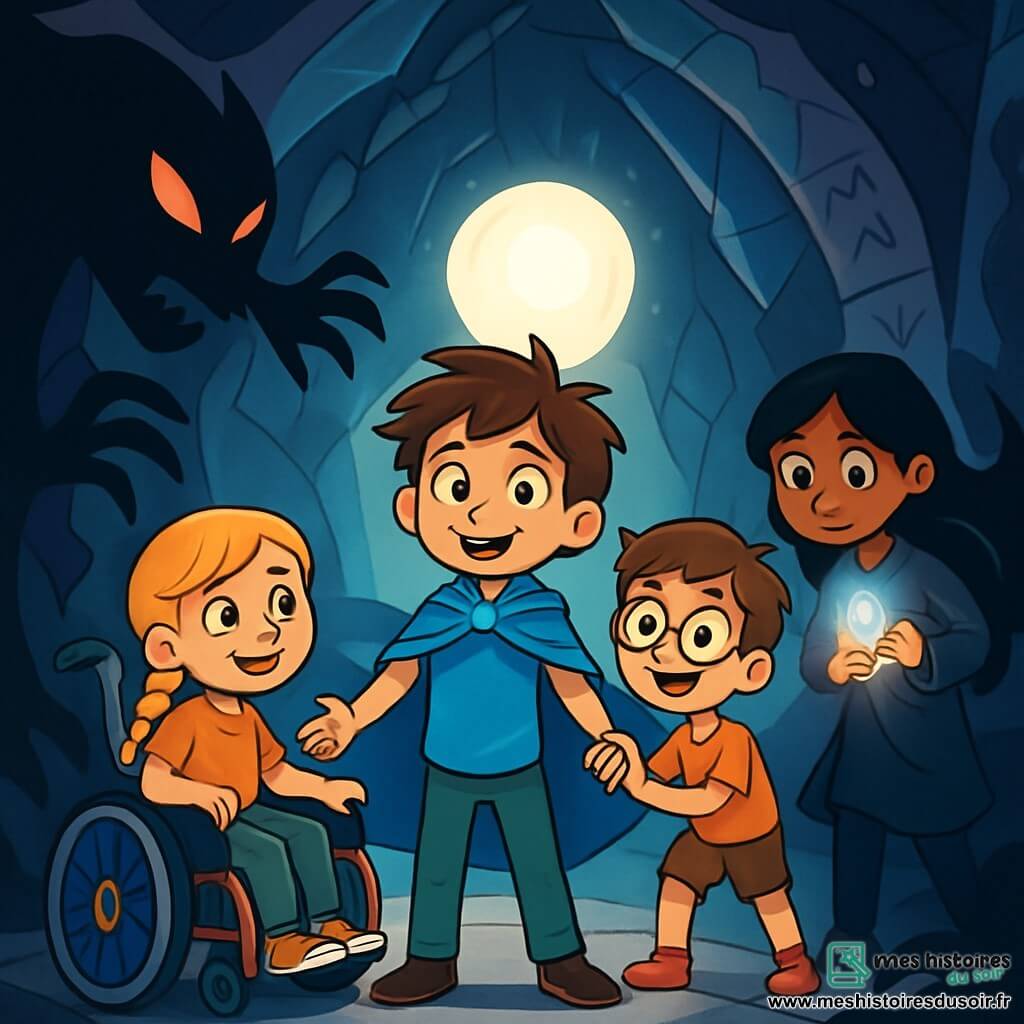 Quatre enfants se tiennent dans une caverne de métal et de cristal illuminée par une sphère flottante. Ael, 10 ans, a des cheveux bruns et porte une cape bleue. Lisa, 9 ans, aux cheveux blonds tressés, est assise dans un fauteuil roulant antigrav et sourit. Milo, 8 ans, espiègle avec des lunettes rondes, tient la main de Lisa. Neris, 11 ans, a des cheveux longs et porte une amulette magique. Ils font face à une créature sombre représentant la Peur, entourés d'ombres, mais la lumière de la sphère et l'amulette de Neris symbolisent leur courage pour sauver le futur.