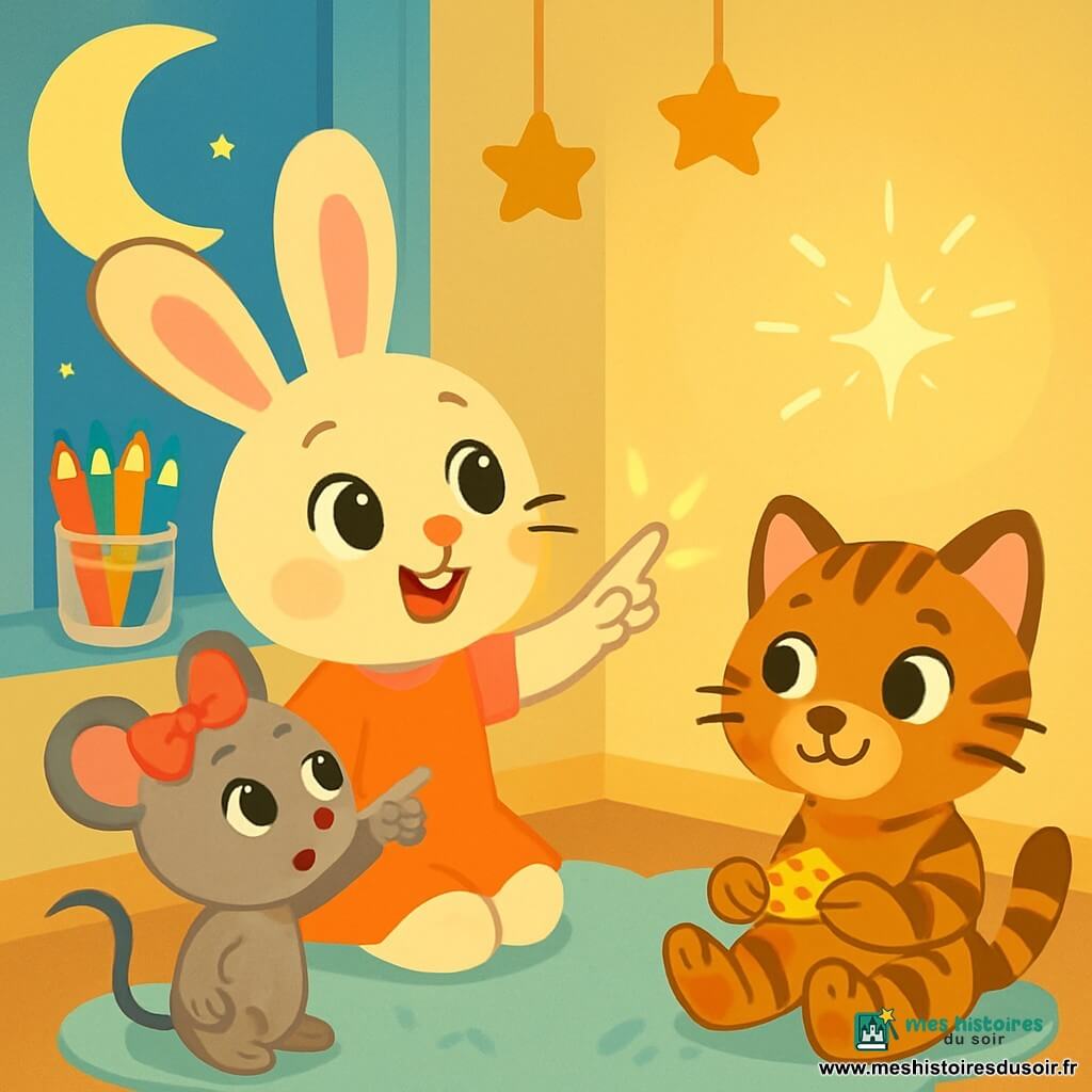 Lila la lapine, avec son pelage crème et ses grandes oreilles, observe avec émerveillement une petite lumière qui danse sur le mur. Elle est assise sur un tapis moelleux, rayonnante d'excitation. À côté d'elle, Mimi la souris, petite et grise avec un nœud rouge, pointe du doigt la lumière scintillante, tandis que Toto le chaton, aux poils tigrés et aux yeux verts, sourit malicieusement en tenant un bout de ruban adhésif. La scène se déroule dans la chambre de Lila, décorée de murs pastel et d'étoiles dorées, où un pot de crayons colorés brille à la lumière de la lune. Ensemble, ils mènent une enquête amusante pour découvrir l'origine de cette lumière mystérieuse.