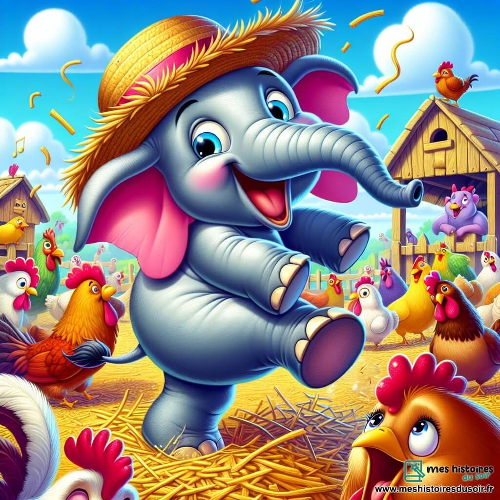 Un éléphant joyeux nommé Eliott, avec de grandes oreilles roses et un chapeau de paille, danse au milieu d’un poulailler. Ses yeux brillent d’excitation et il sourit largement. À ses côtés, Cocotte, une poule rousse, glousse en essayant de suivre le rythme. Le poulailler est coloré, avec des poules curieuses et des coqs fiers, sous un ciel bleu avec des nuages blancs. Eliott fait des pirouettes, éclaboussant de la paille, tandis que les autres animaux l’observent avec surprise et joie.