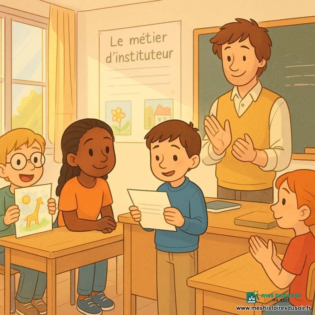Un instituteur au visage rond et souriant, cheveux châtains en bataille, chemise claire et gilet moutarde, se tient près du tableau en applaudissant doucement; devant la classe, Sami (9–10 ans) lit une feuille, timide puis fier, Inès (9–10 ans) à tresses le regarde en souriant, Noah (9–10 ans) aux lunettes montre un dessin avec enthousiasme et Lina (9–10 ans) aux cheveux roux applaudit; la salle lumineuse, murs couverts de dessins et affiches, grandes fenêtres, tableau avec l’affiche « Le métier d’instituteur », ambiance douce et chaleureuse au crépuscule, traits nets et couleurs pastels.