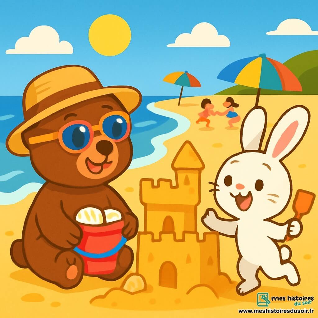 Petit Ours, un ourson brun aux yeux pétillants, est assis sur le sable de la plage avec un grand sourire. Il porte un chapeau de paille et des lunettes de soleil, tenant un seau rouge rempli de coquillages. À ses côtés, Léo le lapin, aux grandes oreilles et au pelage blanc, saute de joie avec une petite pelle en plastique. La scène se déroule sur une plage ensoleillée, avec des vagues scintillantes, des parasols colorés et des enfants qui jouent. Petit Ours et Léo construisent un château de sable, entourés d'une ambiance joyeuse et estivale.