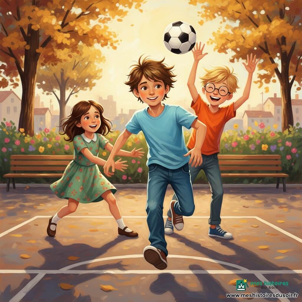 Lucas, 10 ans, cheveux châtains en bataille, t-shirt bleu ciel et jean, lance un ballon de foot en courant avec un sourire timide; Max, ~11 ans, blond en bataille et lunettes rondes, rit et lève les bras derrière Lucas à droite; Clara, 10 ans, cheveux bruns mi-longs et robe verte à petites fleurs, réceptionne le ballon à gauche, genou plié; cour de récréation goudronnée avec marquages, arbres aux feuilles dorées, bancs et haie fleurie; lumière dorée d'après-midi, couleurs vives, gestes dynamiques et atmosphère chaleureuse.