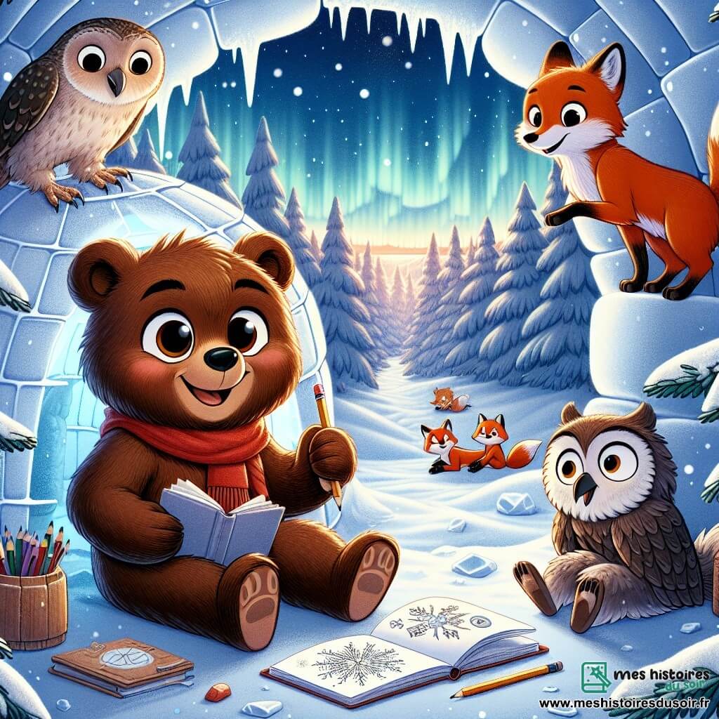Bobby l'ours, un jeune ours brun curieux, est assis dans un igloo en neige, souriant avec un carnet et un crayon pour dessiner. À ses côtés, Tina la renarde, au pelage roux, rit en montrant une pierre brillante, tandis que Max le hibou, avec ses plumes grises et ses lunettes, feuillette un livre sur les aurores boréales, pensif. Ils se trouvent dans un paysage enneigé de Laponie, entourés de sapins et de flocons de neige, partageant des rires et des histoires, célébrant leur amitié et leur aventure.