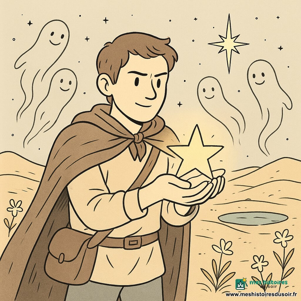 Hugo, un homme au visage déterminé et bienveillant, porte une cape usée et un sac en bandoulière, tenant une petite étoile lumineuse. Autour de lui flottent des esprits oubliés, ressemblant à des silhouettes translucides et souriantes. Le décor est un désert aux dunes ondulantes, parsemé de fleurs pâles et d'oasis, sous un ciel étoilé. Hugo offre la lumière de l'étoile au ciel, entouré par les esprits, créant une atmosphère magique et chaleureuse.